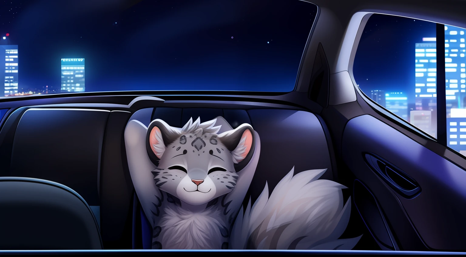 Furry mascot,Lovely image,A gray snow leopard,No clothes, Cute little animals fluffy,Black furry furry fur,Cute little animals,Fluffy tail,In the back seat,Sitting alone in the car,sit on chair,The view from the car window,On the city highway,full of lights,Cubs,is in night,nigh sky, stars,Close-up of cute characters,Put your hands behind your head,eye closeds,s asleep