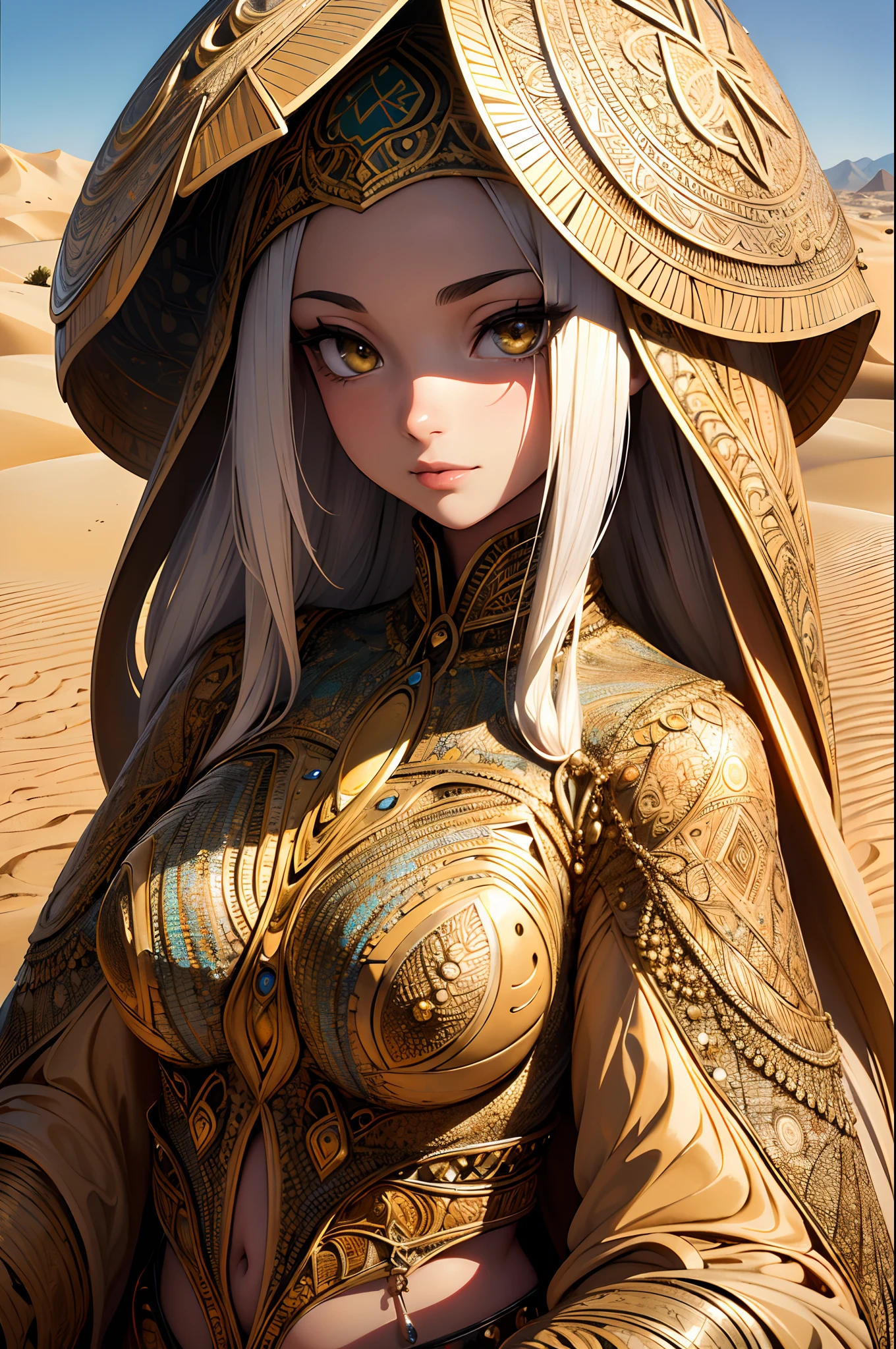 absurdres, highres, ultra detailed, (ultra-detailed background, detailed background), extremly detailed, 1girl, North Africa Islamic, (zentangle:1.2), (Islamic african:1.2), Fractal art, colorful, Dune style, in the desert, floating sand, mant, coat, platina bond shining hair, large yellow crystal eyes, seductive face, (3D)