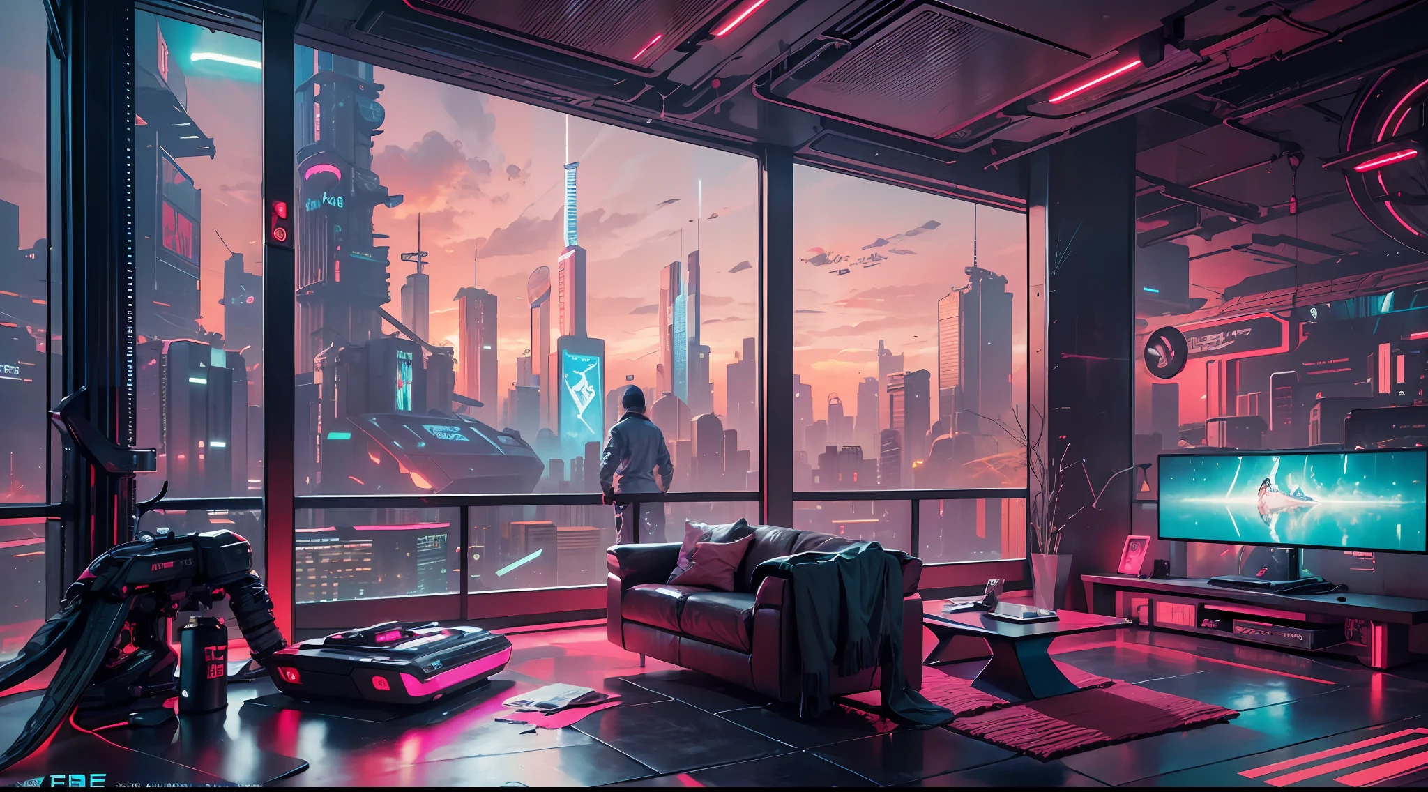 Best image quality, Masterpiece, Ultra-high resolution, (Fidelity:1.4), Photo, Dim, Darkness, Movie, ((Cyberpunk)), cyber outfit, Futuristic, ((Award-winning ultra-realistic photos)),（（tmasterpiece）），（Hyper-detailing），（Complicated details），（High resolution CGI artwork 8k），Futuristic cyberpunk living room，Bedrooms，kitchens。terrazzo，big window，Busy and colorful、Detailed cyberpunk cityscape。Futuristic style，There are many colors and LED lights。The cityscape should be very detailed，depth of fields。Create depth with atmospheric lighting，Evoke the feeling of a busy futuristic city outside the window。cameras：Wide-angle lens showing rooms and windows。Use atmospheric and volumetric lighting to enhance cityscape detail。The room should be illuminated by the neon lights of the cityscape, Pastel textured colored background, Colourful, vibrant,
