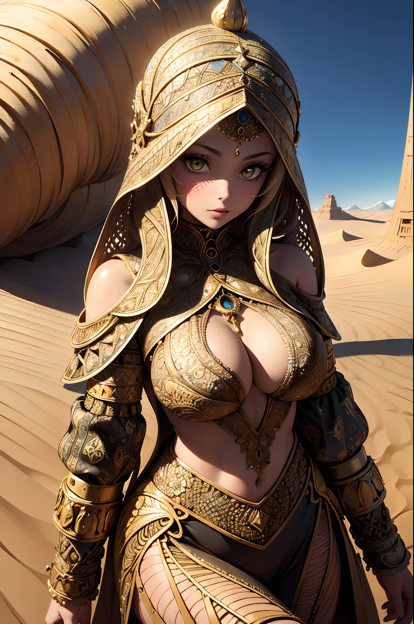 absurdres, highres, ultra detailed, (ultra-detailed background, detailed background), extremly detailed, 1girl, North Africa Islamic, (zentangle:1.2), (Islamic african:1.2), Fractal art, colorful, Dune style, in the desert, floating sand, mant, coat, platina bond shining hair, large yellow crystal eyes, seductive face, (3D)