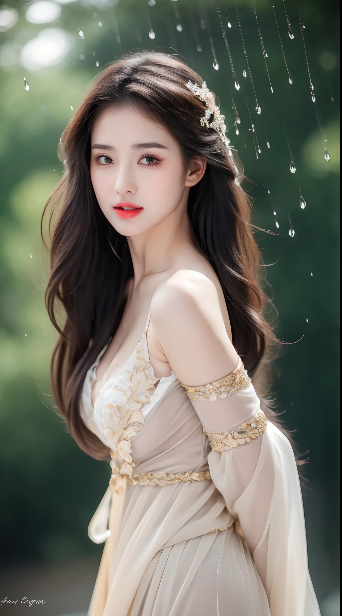 ((Best Quality, 8k, Masterpiece: 1.3)), Focus: 1.2, Perfect Body Beauty: 1.4, Buttocks: 1.2, ((Layered Haircut)), (Wet Clothes: 1.1), (Rain, Street:1.3), (Breasts: 1.2), (Hanfu: 1.2), Bare Shoulders, Bare Legs, Highly Detailed Face and Skin Texture, Fine Eyes, Double Eyelids, Whitened Skin, Long Hair, (Shut Up: 1.5), (Bokeh Background: 1.5), Big Breasts