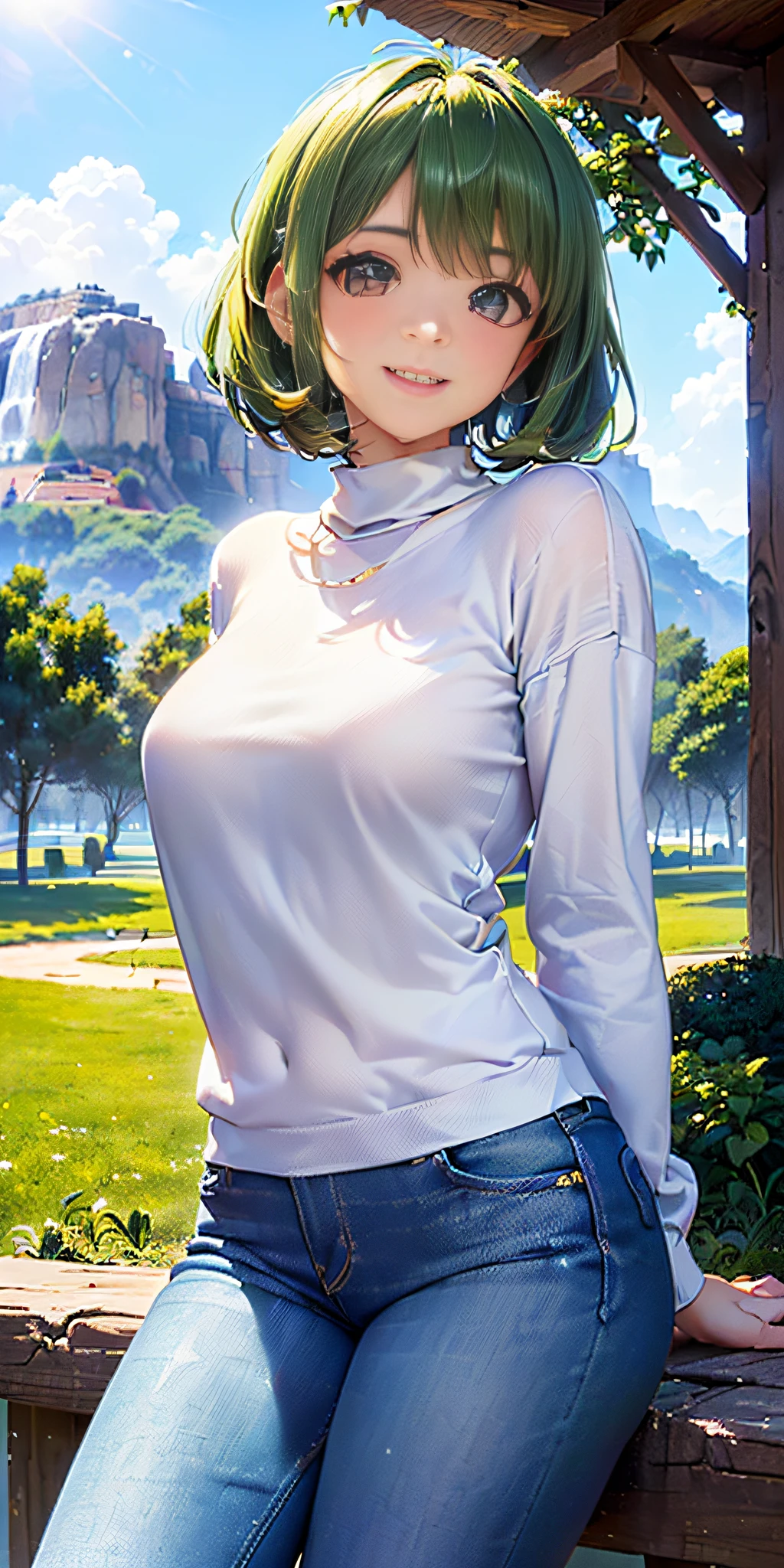 (((obra maestra, mejor calidad, ultra detallado, beautiful lighting, mujer, jeans ajustados, (cabello rubio y corto), (ojos verdes: 1.3), (white sweater: 1.2), cuello alto, de pie, en el parque, hermoso paisaje, ligero rubor, sonriendo, (linda sonrisa: 1,1), (labios brillantes: 1.1), (hermosos ojos: 1.1), maravilloso trasero, boca cerrada, arms_behind_back, iluminacion solar lateral trasera)))