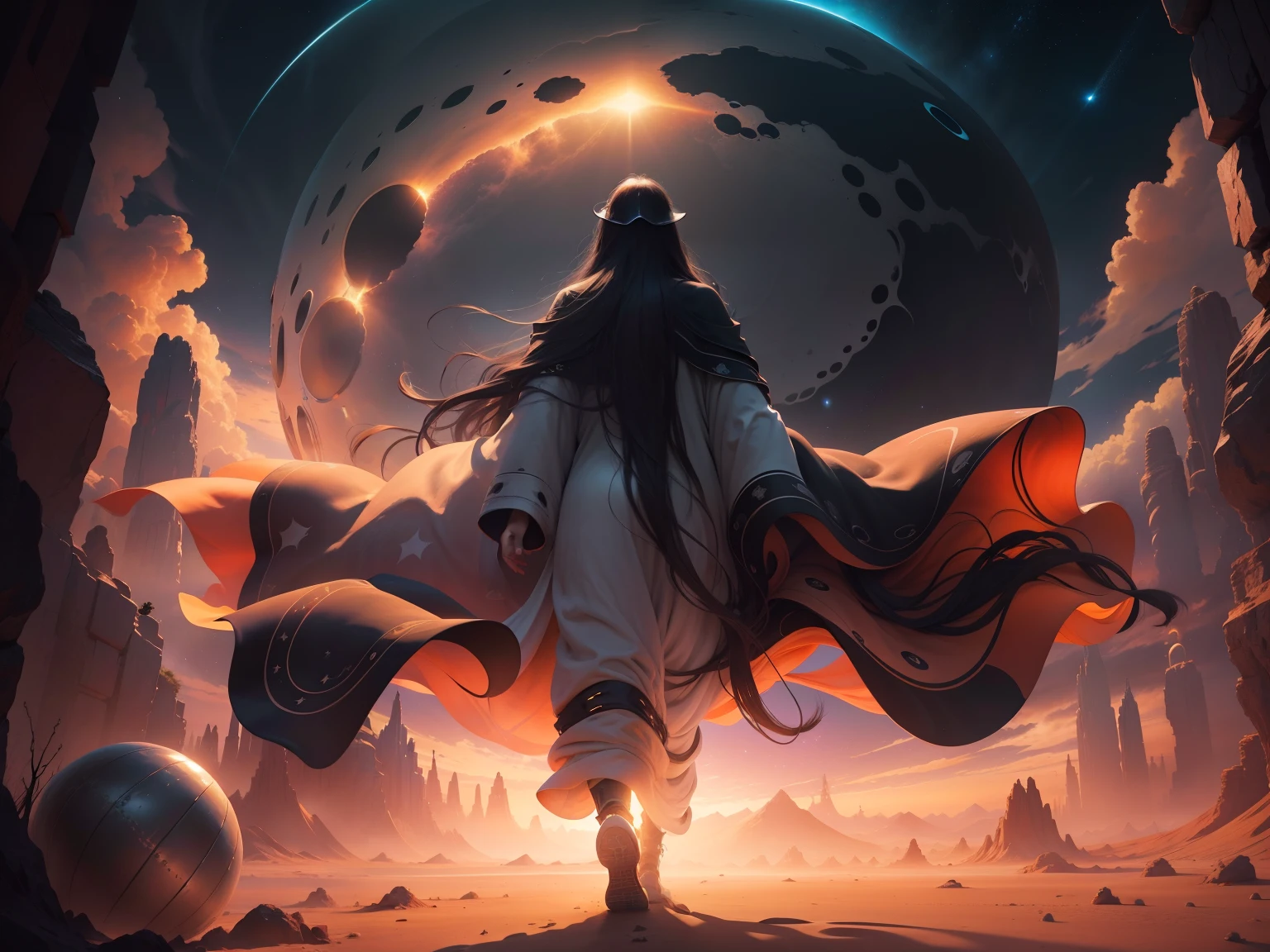 Strange man, long dark wavy hair, wearing long robes, walking away from camera, in black inverse seedpod spaceship, lands on an alien desert planet with many oasis, every step he takes explodes in colored light and sound shockwaves, alien peoples greet him, dusty sky of fluffy clouds muted colors, dusty atmosphere, 64k resolution photorealistic hyperdetailed beginning to see stars in the evening sky, sci-fi fiction paperback novel art style.