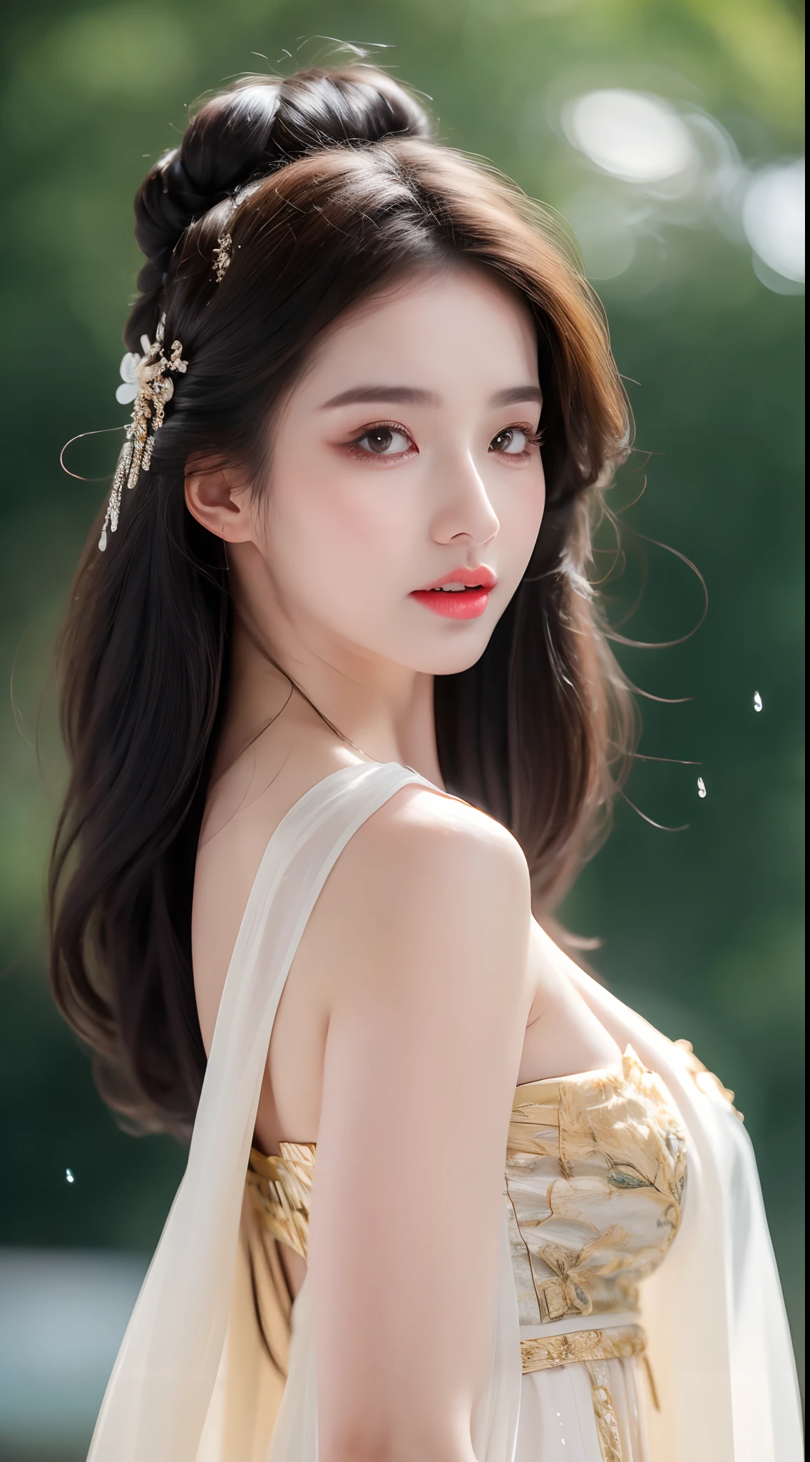 ((Best Quality, 8k, Masterpiece: 1.3)), Focus: 1.2, Perfect Body Beauty: 1.4, Buttocks: 1.2, ((Layered Haircut)), (Wet Clothes: 1.1), (Rain, Street:1.3), (Breasts: 1.2), (Hanfu: 1.2), Bare Shoulders, Bare Legs, Highly Detailed Face and Skin Texture, Fine Eyes, Double Eyelids, Whitened Skin, Long Hair, (Shut Up: 1.5), (Bokeh Background: 1.5), Big Breasts