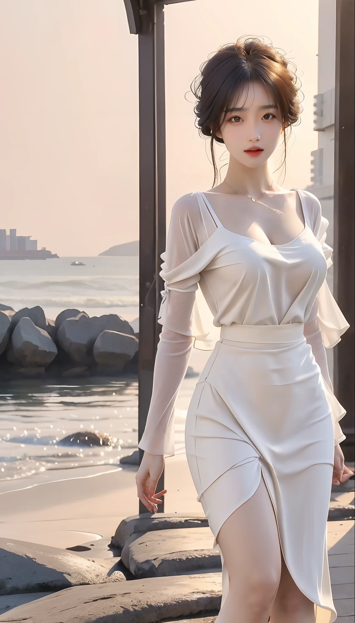 masterpiece, best quality, official art, in focus, full body photo (FLS), FHD, 1080P, 2K, 4K, 8K, Mind-bSoft illuminationlowing Details, Unfathomable, Leica camera, Full Length Shot (FLS), cute, Golden Ratio,Soft illumination,absorbing。 Super detailed, extremely detailed, beautiful and meticulous girl, 1 girl, (perfect female figure), full body, skirt, long legs, no breasts, background on the beach.