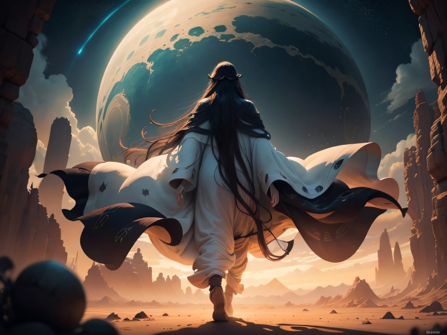 Strange man, long dark wavy hair, wearing long robes, in black inverse seedpod spaceship, lands on an alien desert planet with many oasis, every step he takes explodes in colored light and sound shockwaves, alien peoples greet him, dusty sky of fluffy clouds muted colors, dusty atmosphere, 64k resolution photorealistic hyperdetailed beginning to see stars in the evening sky, sci-fi fiction paperback novel art style.