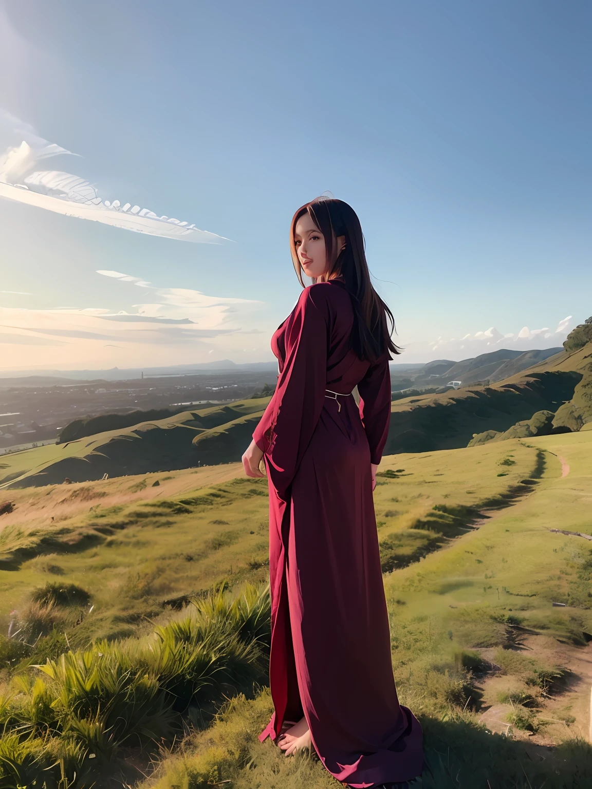 Hall with reddish-brown hair and slender figure々and women, Adorned with flowing robes of emerald silk, Stand on a grassy hill with majestic views.