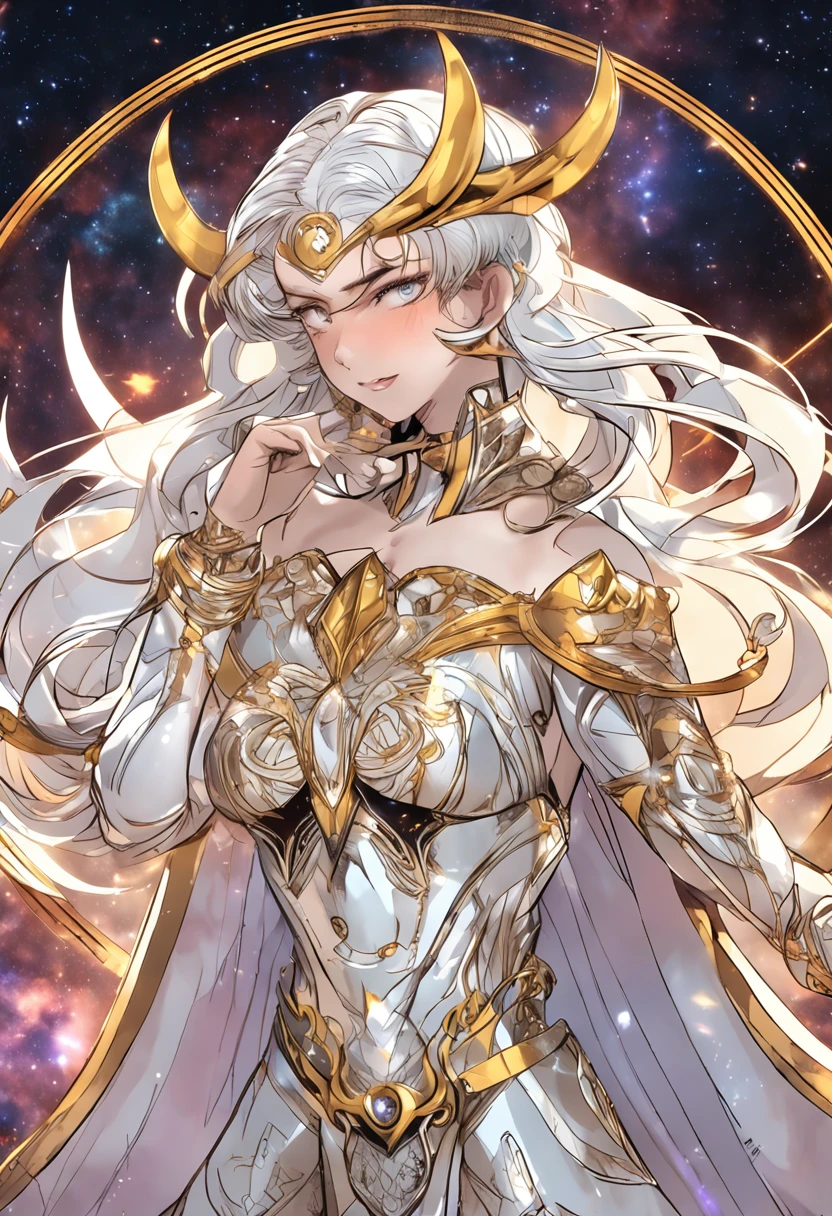 Eternal Sailor Moon, Goddess, Awakened God-like Power, Confident expression, Beautiful detailed eyes, intricate clothing, ((Engraved silver seams)), Wielding a golden scythe, Glitter, Galaxy in the background, Absolutely amazing, razor sharp focus, cosmic, charmed, masutepiece, ((((Best Quality:1.4)))), ((((Extreme details))))、huge-breasted