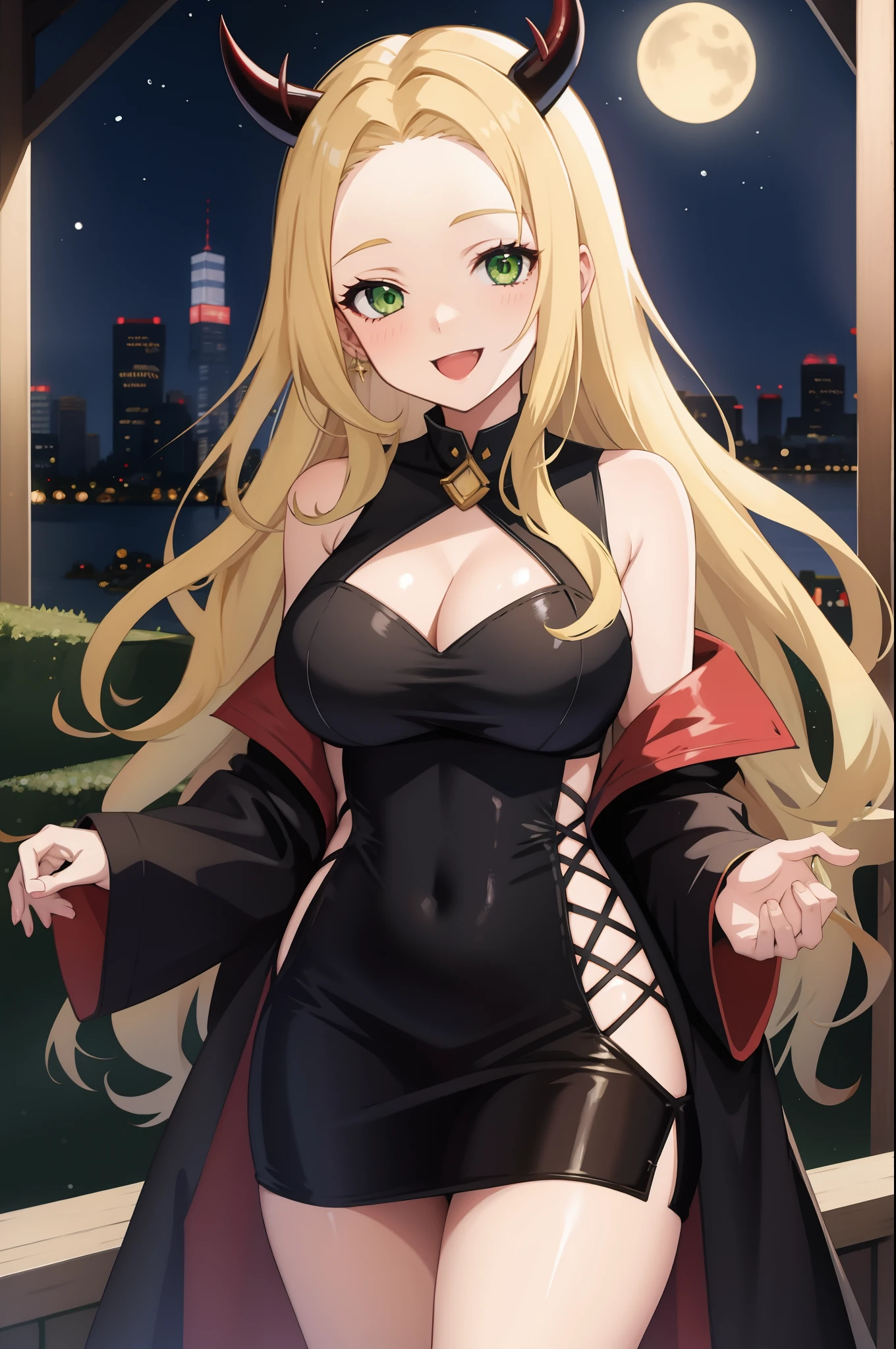 one girl, long hair, blonde hair, green eyes, forehead, big breasts, happy smile, devil costume, standing, night city