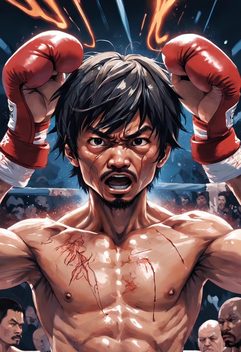 Manny Pacquiao versus Floyd Mayweather Jr, boxing, wires cybernetic implants, in the style of adrian ghenie esao andrews jenny saville, surrealism dark art by james jean takato yamamoto and blii sienkiewicz, trending on artstation, sharp focus, studio photo, intricate details, highly detailed, by greg rutkowski, intricate face details, TM Ninja, TM Samurai, poster style, icons, vibrant colors, vector style, digital art, 4K, intricate details, mesmerizing, professionally made, beautiful vector illustration, 12K resolution, 3D, all characters in detailed full body, highly detailed, vibrant, ultra high quality, Hyperrealism, Photorealism, octane render]