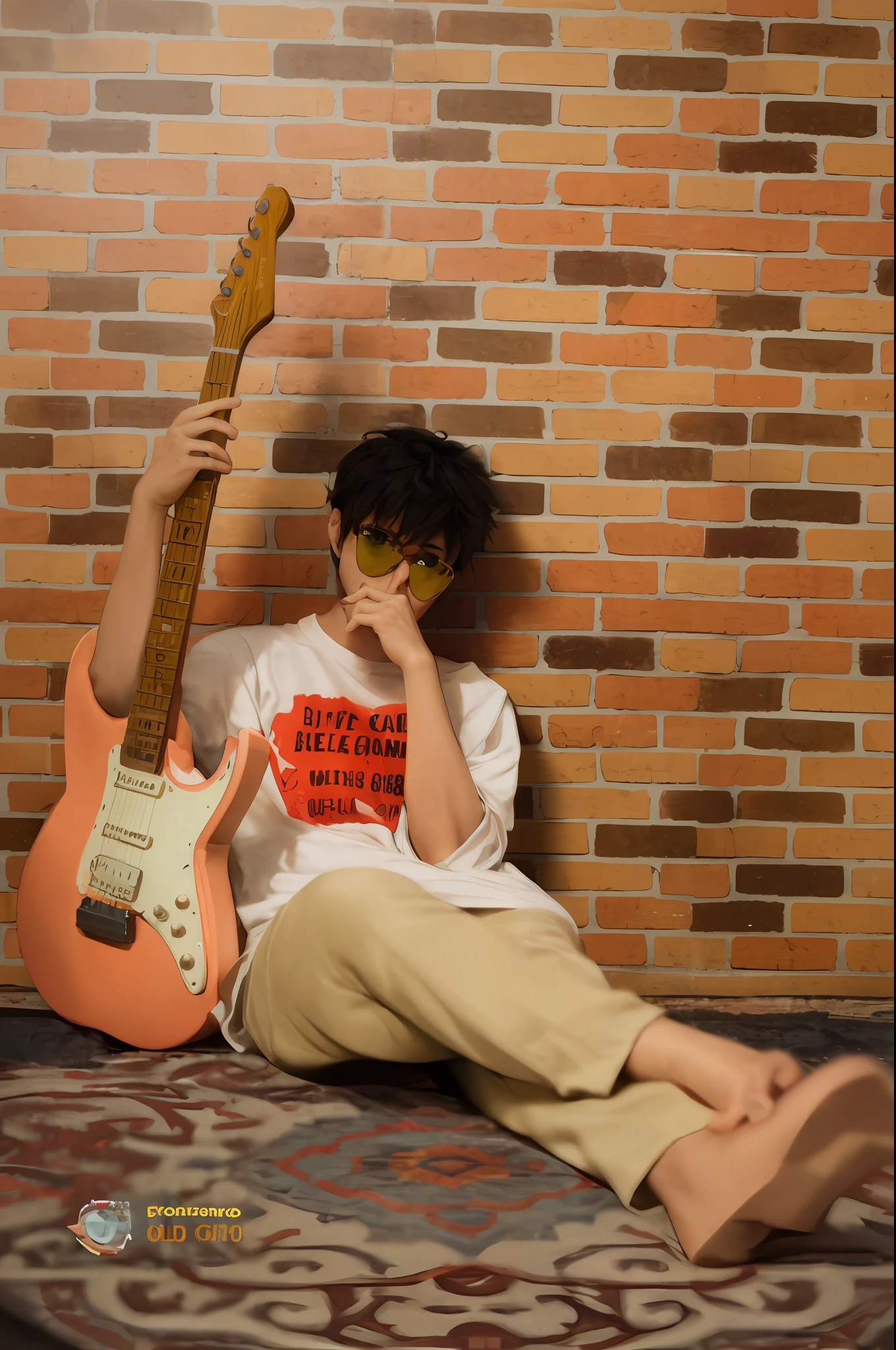 arafed man sitting on a bed with a guitar in front of him, taken with canon 8 0 d, album art, mid shot portrait, taken with canon eos 5 d mark iv, red sunglasses and a guitar, promo shot, with index finger, with a cool pose, taken with canon eos 5 d, photo from a promo shoot, with pop punk style