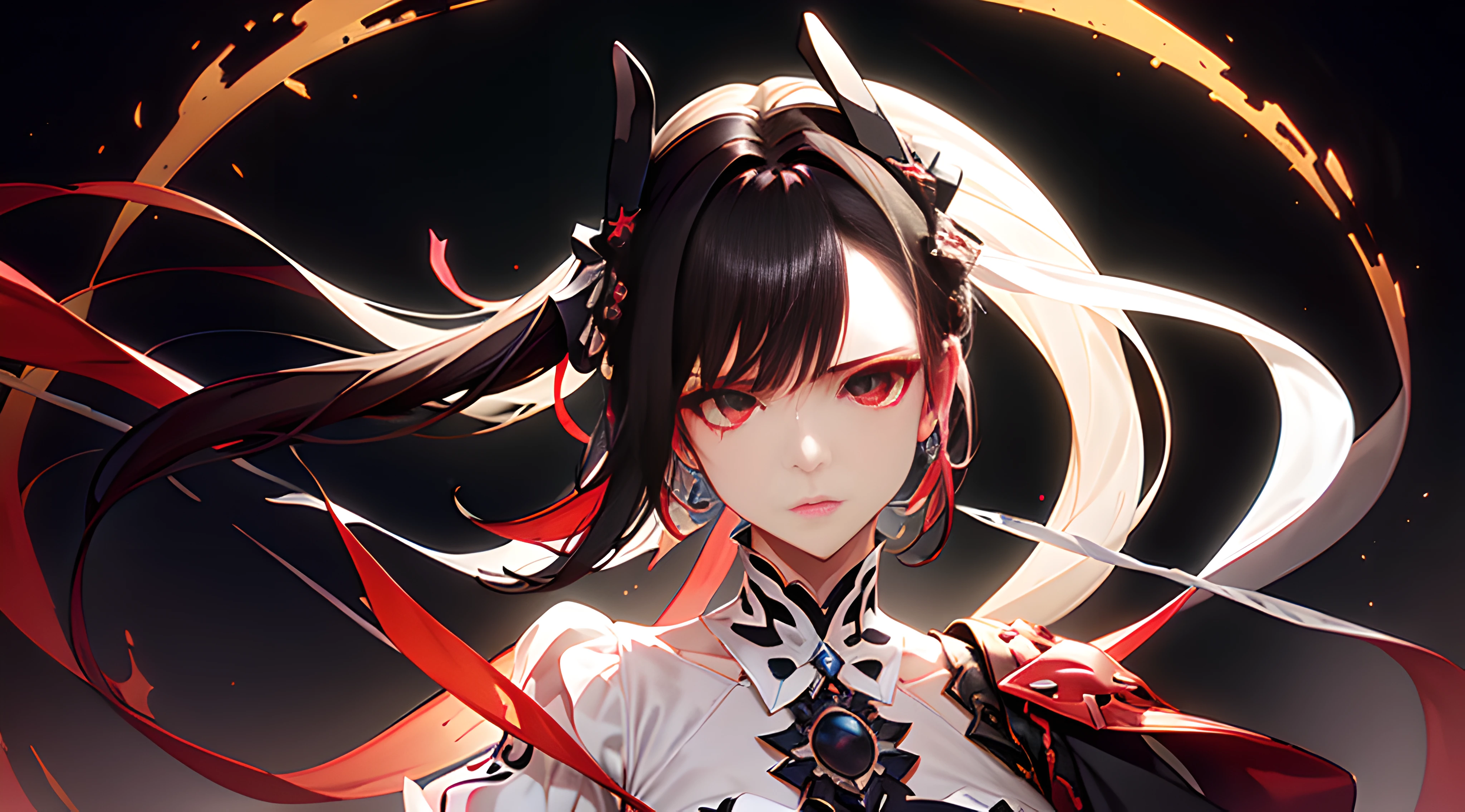 8K分辨率,Highest image quality,Dark style,Demon erosion,Light and dark opposites,tmasterpiece,Master composition,Rich artistic conception,(Long flowing white hair:1.3),despise,(Black and red dress:1.4),Elegant and domineering,Fairy temperament,shock,Neat and bright sword,fusionart,hight contrast,cyber punk perssonage,Professional photography pose,Sony telephoto HD portrait