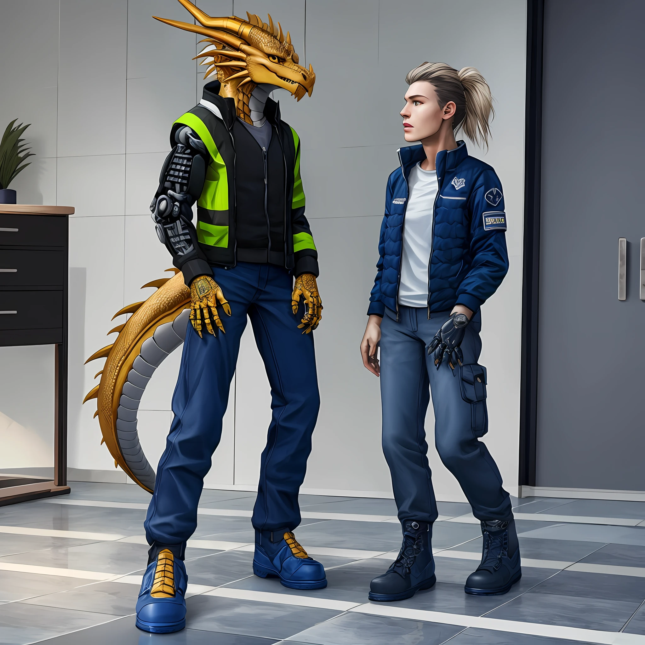 Bionic Mechanical Dragon，Golden Dragon，female，Humanoid，White down jacket，Blue cotton pants，Cotton boots，Standing on the porcelain floor of the apartment。HD graphics，Detailed and realistic，high detal，high qulity