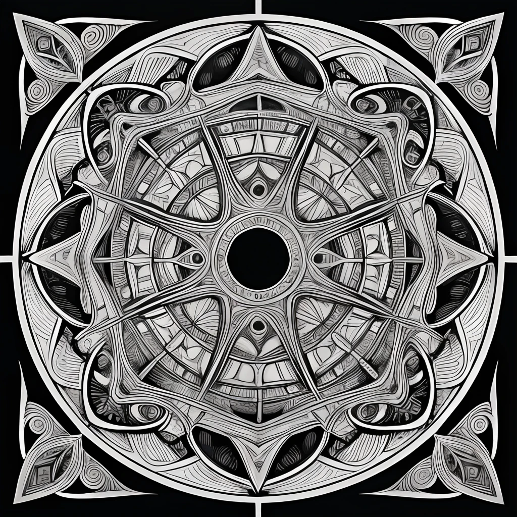 art deco, black and white, zentangle (best quality) ultra-detailed, fine line drawing, fine line art, coloring book illustration style, intricate linework, highly detailed illustration, perfect composition, beautiful and stunning, dynamic angle, high contrast, incredible shading, incredible detail, unique style, black and white details, (dark and mystical atmosphere), intricate and detailed nature elements.