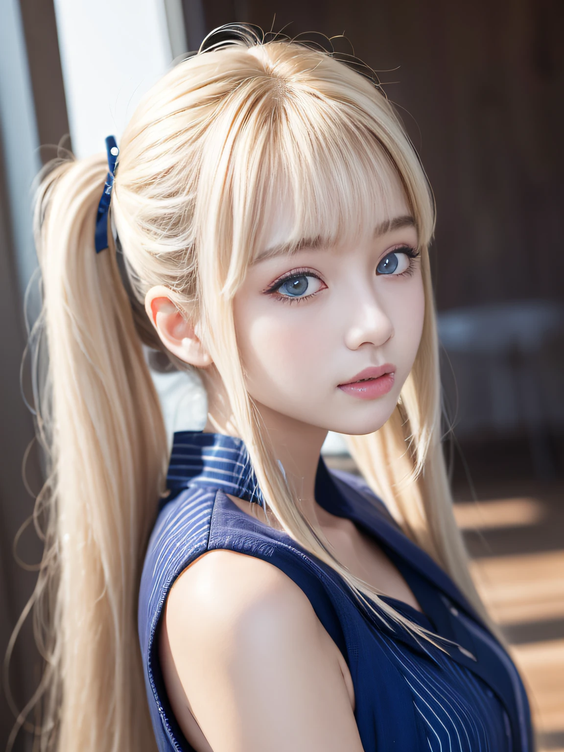 portlate、School Uniforms、bright expression、poneyTail、Young shiny shiny white shiny skin、Best Looks、Blonde reflected light、Platinum blonde hair with dazzling highlights、shiny light hair,、Super long silky straight hair、Beautiful bangs that shine、Glowing crystal clear attractive big blue eyes、Very beautiful nice cute  girl、Lush bust