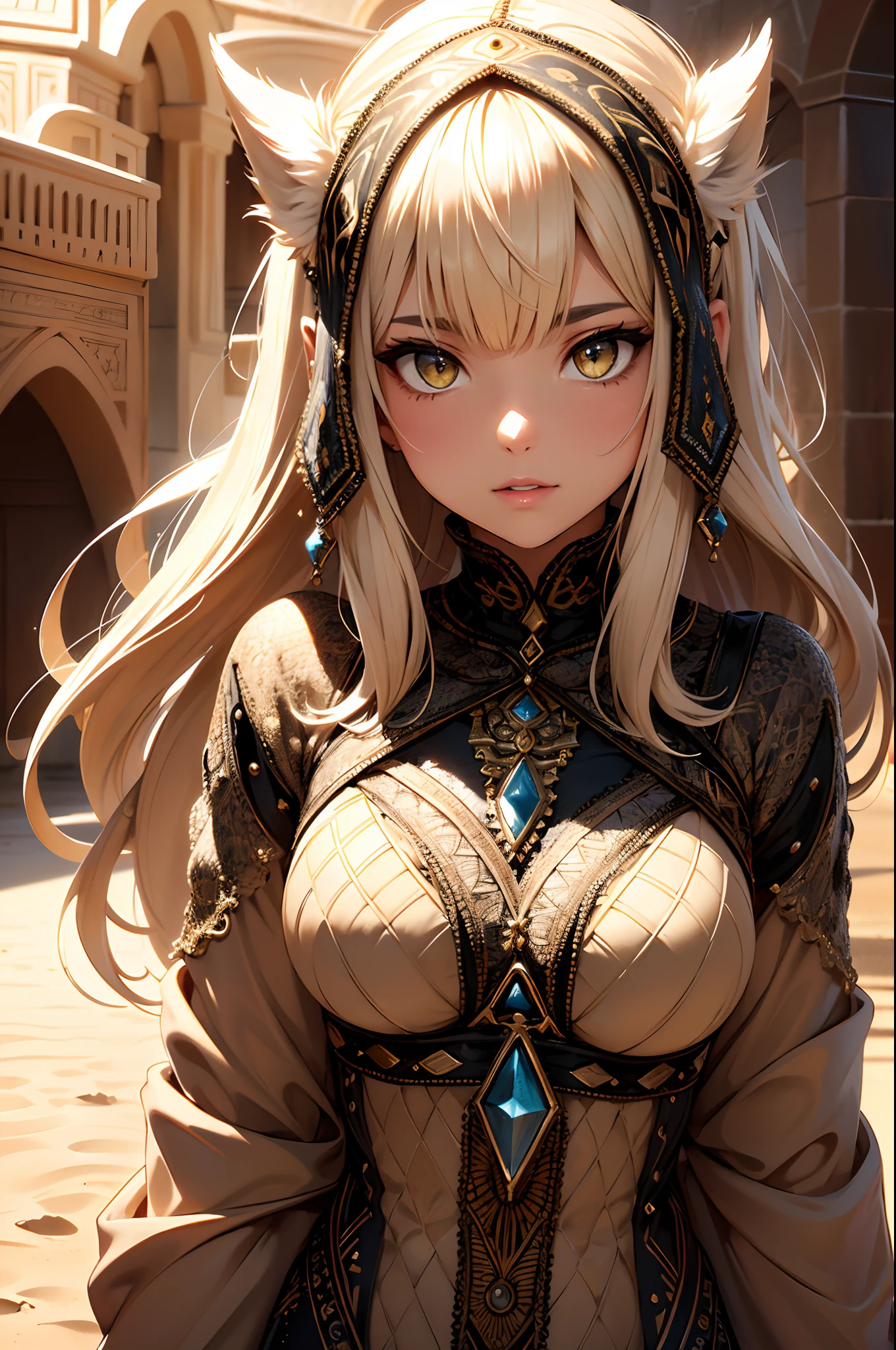 absurdres, highres, ultra detailed, (ultra-detailed background, detailed background), extremly detailed, 1 beautiful and gorgeous girl, North Africa Islamic, (zentangle:1.2), (Islamic african:1.2), Fractal art, colorful, Dune style, on the planet of Tatooine of Star Wars, in the desert, in the sand storm, floating sand in the strong wind, mant, coat, long long platina bond shining hair, large yellow crystal eyes, seductive face, (3D),
