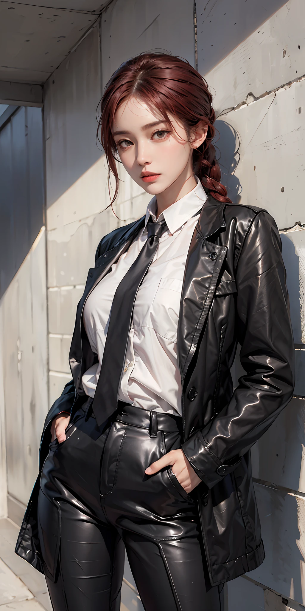 photorealistic, high resolution, soft light,1women, solo, hips up, shining skin, (detailed face), hands in pockets, braided ponytail, ringed eyes, formal, coat, collared shirt, black necktie, black pants, red hair