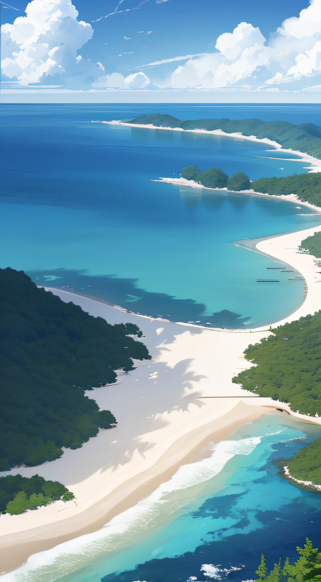 Japanese landscape、A sandbar stretching into the sea、Pine tree forest on sandbar、Landscape only、Wide sky、blue open sky、Large clouds、Wide blue sea、Some smaller islands々Scattered oceans、Land far away、夏天、Tilt the horizon slightly、Broad perspective、Majestic panorama、HD Detail、Hyper-detailing、movie、Soft light、Deep field focus bokeh、Ray traching、