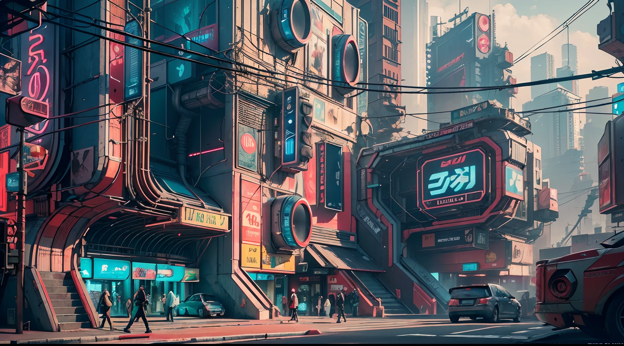 Best image quality, Masterpiece, Ultra-high resolution, (Fidelity:1.4), Photo, Dim, Darkness, Movie, ((Cyberpunk)), cyber outfit, Futuristic, ((Award-winning ultra-realistic photos)),((tmasterpiece)),(Hyper-detailing),(Complicated details),(High resolution CGI artwork 8k),Futuristic cyberpunk living room/Bedrooms/kitchens/terrazzo,big window,Busy and colorful、Detailed cyberpunk cityscape。Futuristic style,There are many colors and LED lights。The cityscape should be very detailed,depth of fields。Create depth with atmospheric lighting,Evoke the feeling of a busy futuristic city outside the window。cameras:Wide-angle lens showing rooms and windows。Use atmospheric and volumetric lighting to enhance cityscape detail。The room should be illuminated by the neon lights of the cityscape, Pastel textured colored background, Colourful, vibrant,