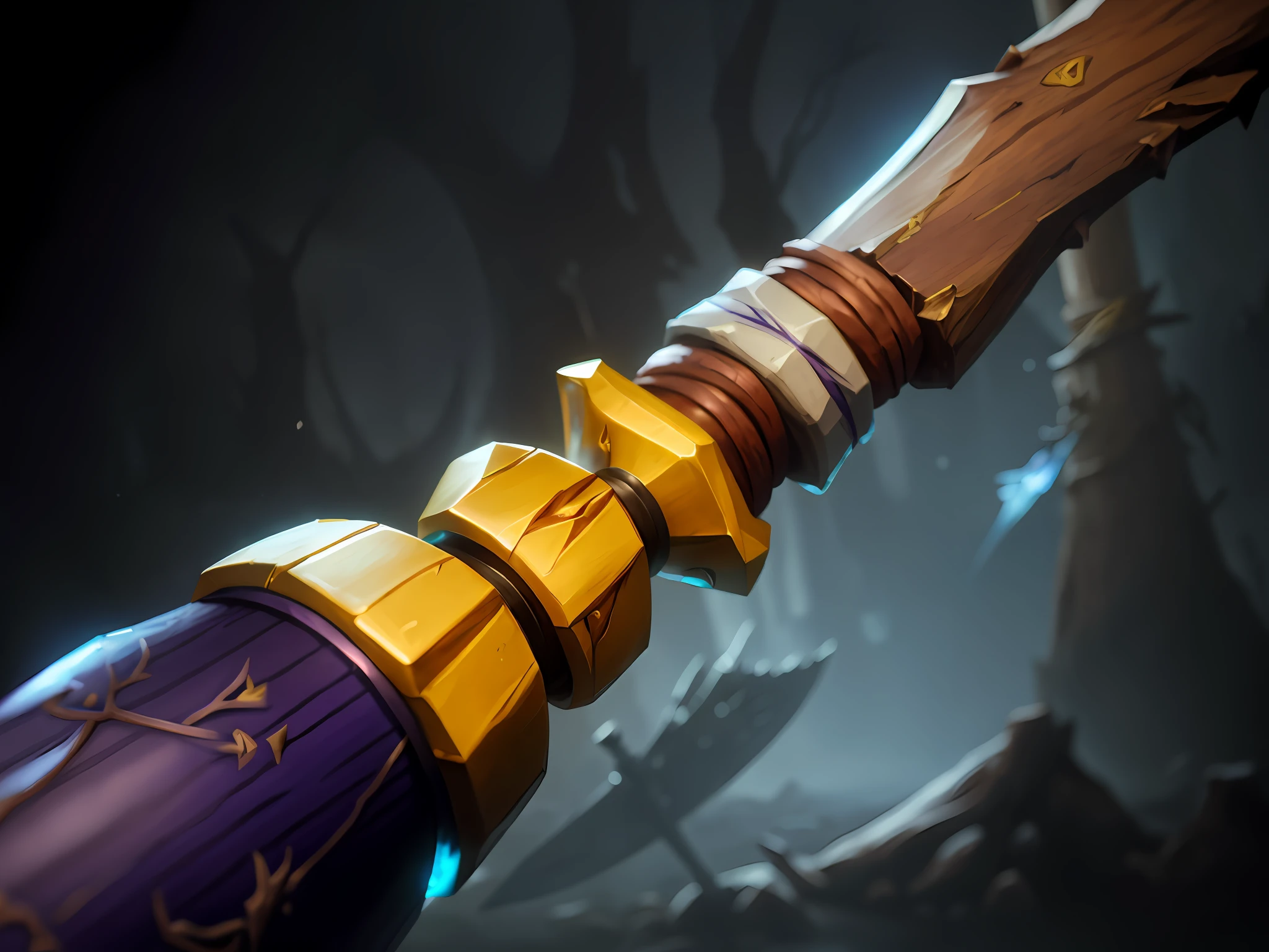 There is a very long wooden stick，With a purple handle, medievil spear, artifact dota2, epic legends game icon, The sword, Rod arm sword, Fantasy Scythe, magic wooden staff, holding jagged scimitar, sword slash, picareta, dual wielding axes, hearthstone weapon art, jagged sword, POLEARM, curved sword