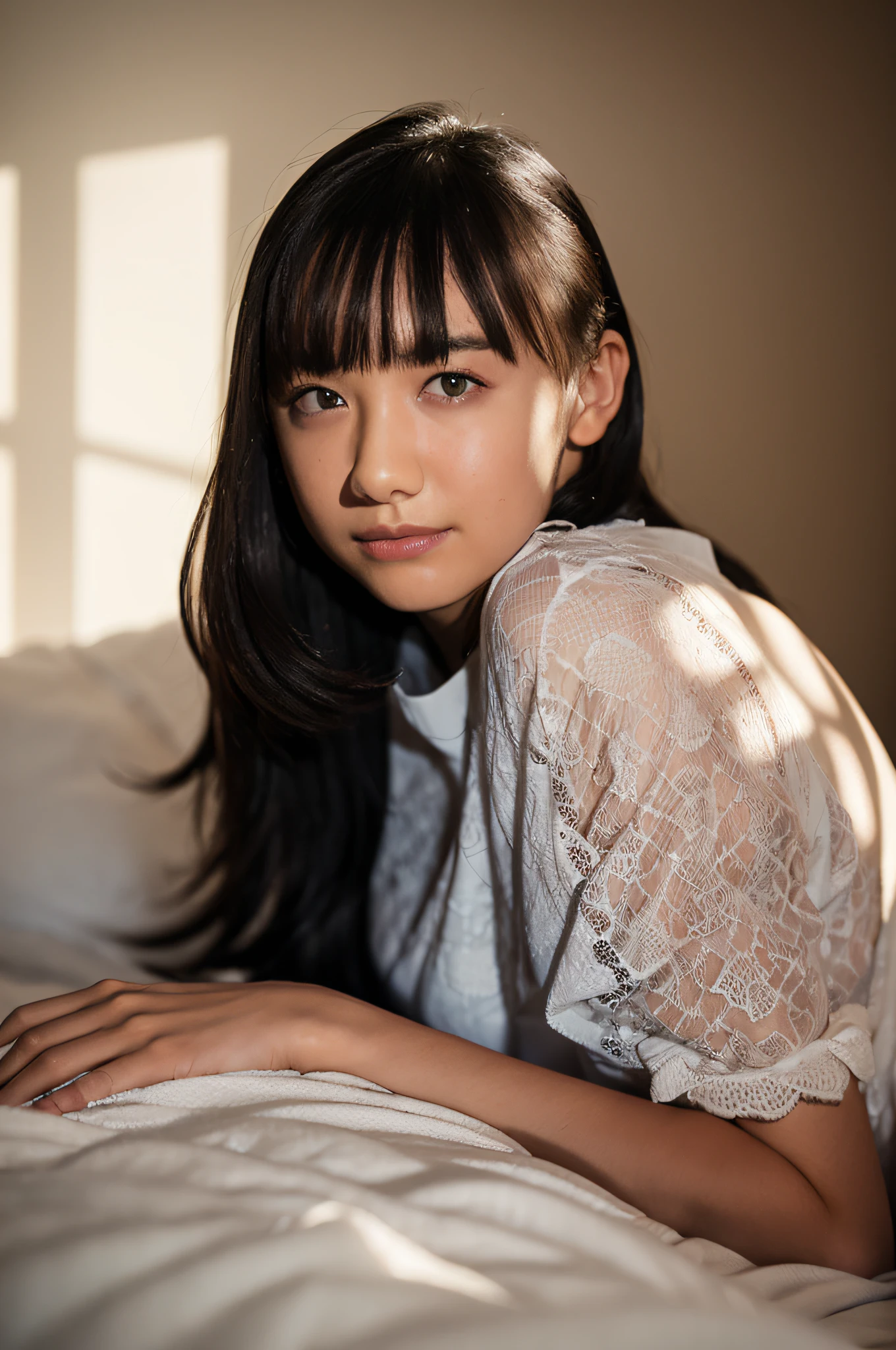 (Top Quality, Masterpiece: 1.2), 18 year old girl, wearing a lace nightgown, lying in bed, morning light, realistic face, perfect body, good anatomy, perfect face, curly long hair, black hair, photorealism, super detail, high quality, photo pose, sexy, bangs, big breasts, single hair bun,