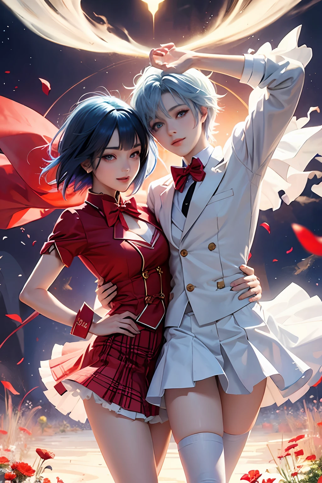 "Beautiful female characters in anime style、Short blue hair、eBlue eyes、A smile、blazers、white shirt、red bowtie、red plaid skirt、Figures in black stockings、Bouquet in hand、Scene of dancing in the summer garden。With high-quality depictions and the highest quality、emphasizing thighs、In the bright sun、The whole body glows、Paint a gorgeous picture。"
