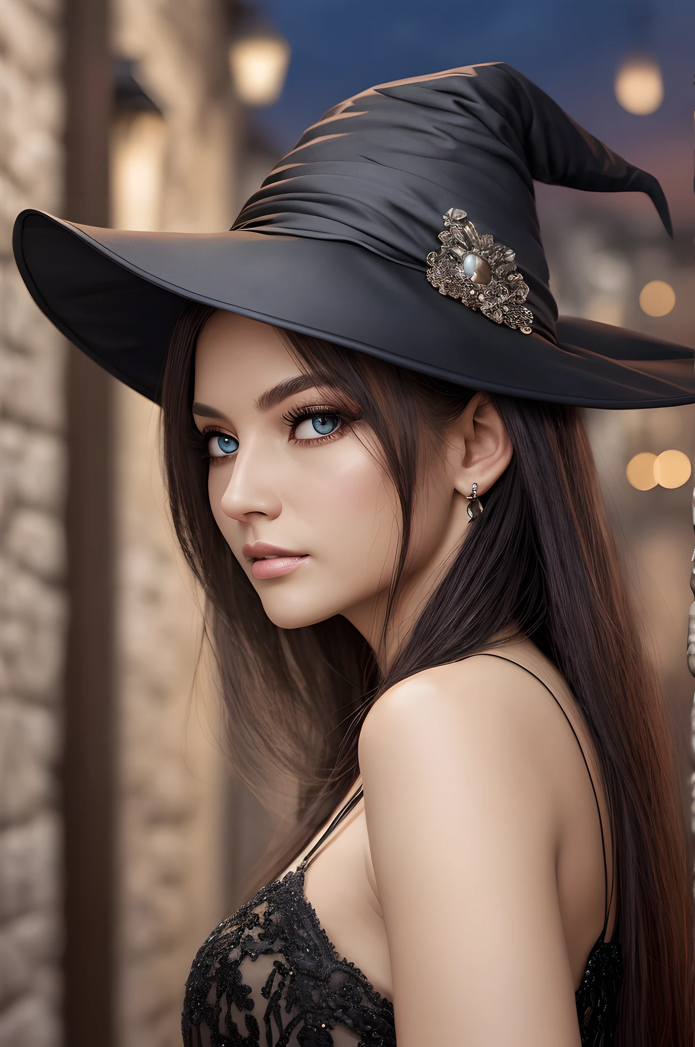 ((top-quality, 64K, high-level image quality: 1.3, Realistic, Photorealsitic: 1.4)), Crisp focus: 1.2, Beautiful Women in Perfect Style: 1.4, Slender face: 1.2, ((Black hair, Long hair, Big: 1.2, Slender features)), Highly detailed facial and skin texture, Detailed eyes, Double eyelids, Adult Woman, solo, (witch), Dress with open back、hotel street, stone pavement, nighttime scene