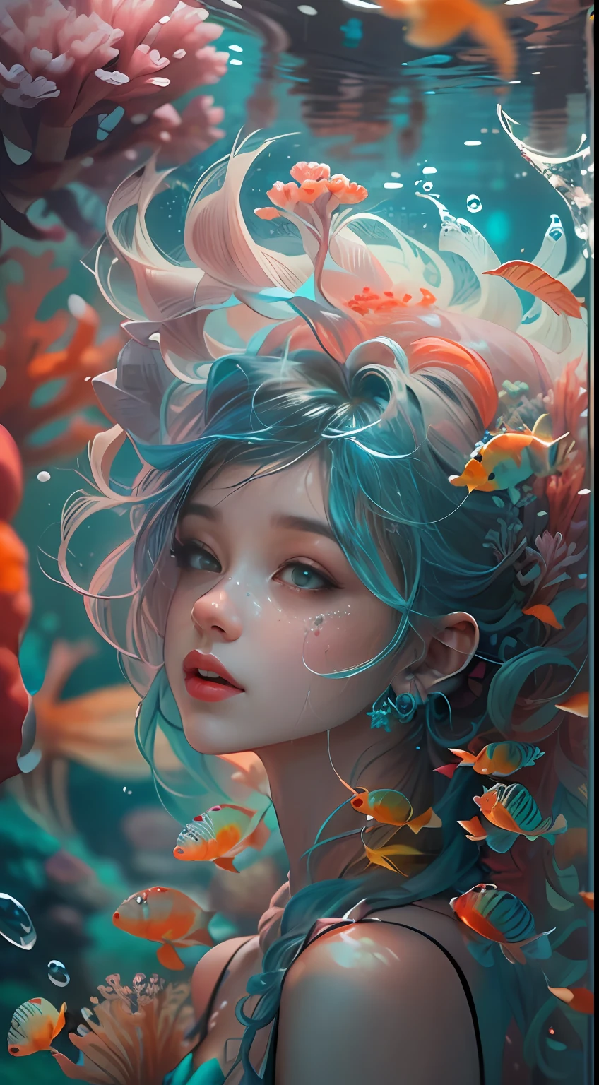 ModelShoot style, (Extremely detailed Cg Unity 8K wallpaper), A chaotic storm of intricate liquid smoke in the head, Stylized abstract photo of mermaid girl, wetted skin,Clownfish，Beautiful clownfish，Schools of clownfish with oddly shaped corals，ocean floor，Beautiful coral reef in the background，Rochas,Marine life，colorful coral reef,Decorate with coral reefs,author：Petros Afshar, ross tran, tom whalen, Peter Mohrbacher, Art germ, ((bubbly underwater scenery)) Radiant light octane rendering is highly detailed, inspired by Yanjun Cheng, Beautiful digital artwork, Guviz-style artwork, 8K highly detailed digital art, Beautiful digital illustration, Cute detailed digital art, stunning digital illustration, A beautiful artwork illustration, Exquisite digital illustration,8K detailed digital art,
Warming up