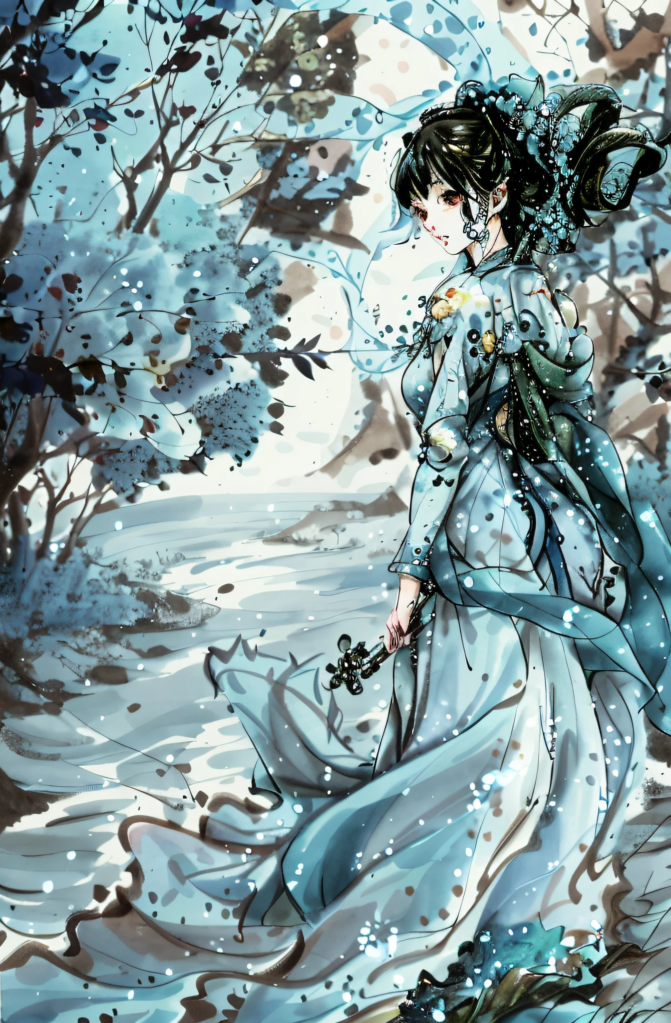 Painting a woman in a blue dress walking through the forest, Beautiful anime artwork, A beautiful artwork illustration, Beautiful anime art, By Yuumei, Asian Woman Water Elemental, inspired by Yanagawa Shigenobu, Digital art on Pixiv, inspired by amano, Anime fantasy illustration, fantasy watercolor, beautiful gorgeous digital art, korean art nouveau anime,Blue rose