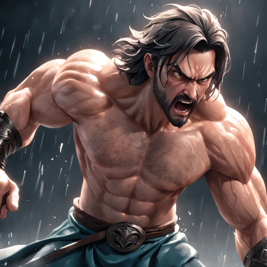 (Professional 3D rendering:1.3) de (Realistic:1.3) foto de arte mais bonita do mundo，soft features, brilliant male heroes, ((Epic hero rough fantasy muscular man wet hero angry look long hair short beard and fierce expression in dynamic pose, fantastic location, majestoso ambiente desordenado)), corpo inteiro 8k unidade render, action shot, poros da pele, very dark lighting, sombreamento pesado, circunstanciado, rosto detalhado, (Vibrando, Fotografia realista, Realistic, Dramatic, Escuro, foco nítido, 8k), (Roupas de couro velhas danificadas pelo mau tempo:1.4), ((((Use peles)))), (intrincado:1.4), decadente, (altamente detalhado:1.4), Pintura digital, rendering by octane, art stations, conceito-arte, liso, foco nítido, illustration, germe da arte, (Loish:0.23), Wlop Ilya Kuvshinov, e greg rutkowski e alphonse mucha gracias, (global ilumination, studiolight, light volumetric), chuva forte, floating particles, patife, fantasia, Nosso, Corpo inteiroesbiano, ((Fundo escuro e antigo da cidade:1.3)),CGSesociedade,art stations