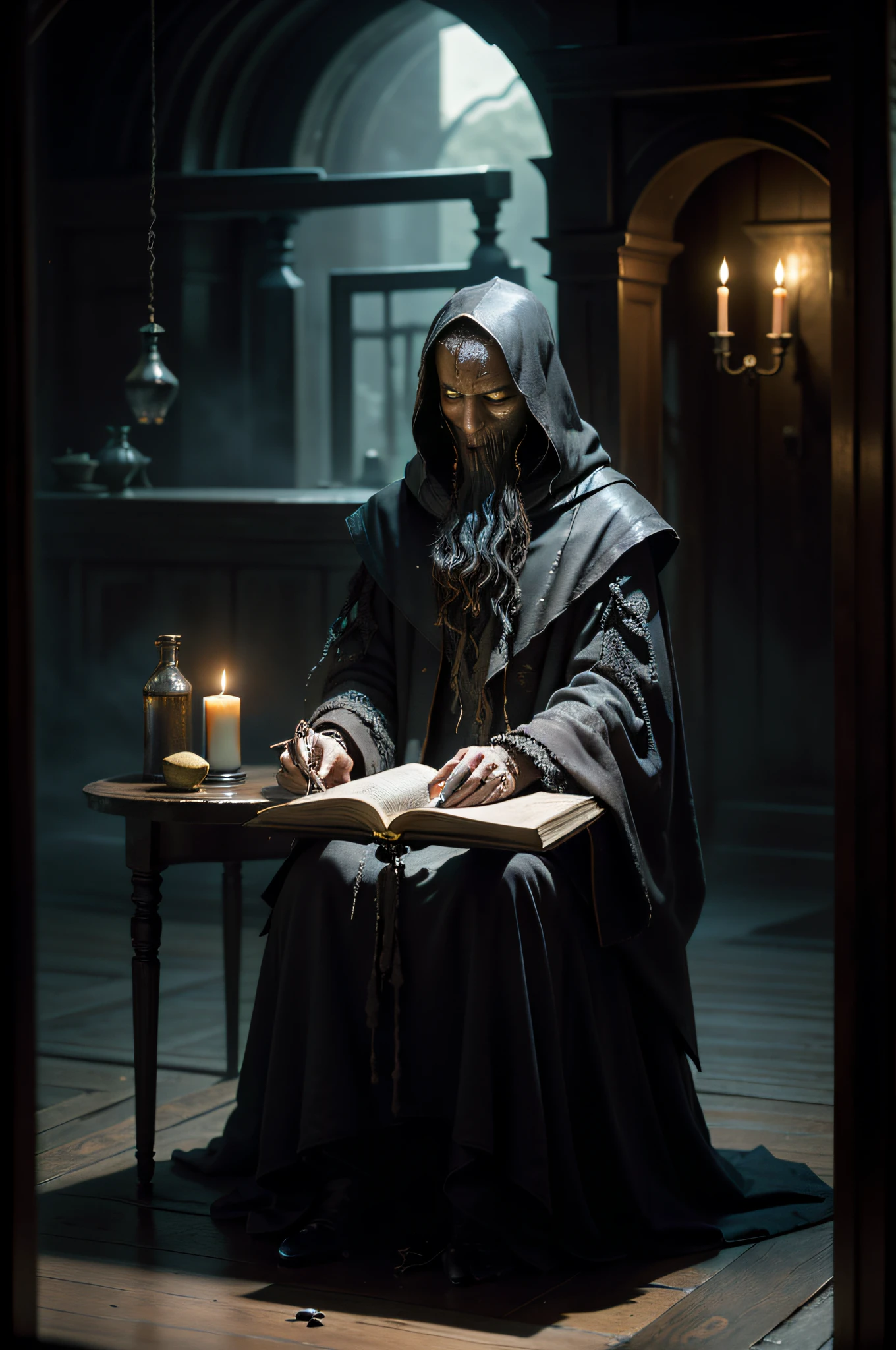 Old hag，Sit in a vintage cadillo chair，A crow，，Draped in a cloak，Long gray hair，Shriveled hands with long, rough fingers，Black、sharp sharp eyes，mystical aura，A dimly lit room is the background，On the dusty shelf were potion bottles，Cobwebs hanging from the ceiling，Moonlight came through the broken window，Open the magic book on a nearby table，The cauldron was boiling a magical potion，The flickering candlelight casts an eerie shadow，A sense of ancient wisdom and strength，The crow call echoed in the room，The glamour and mystery of the imminent arrival。