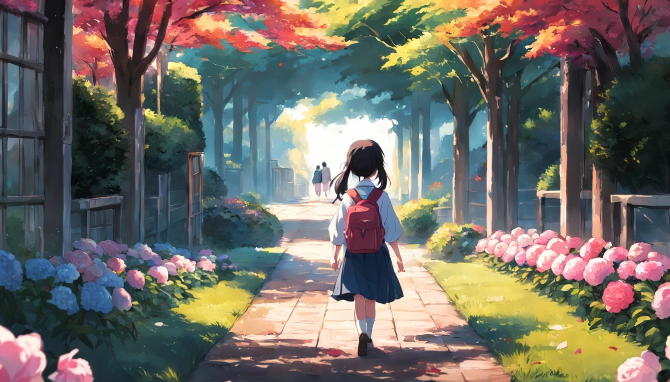A school girl walking to peony garden