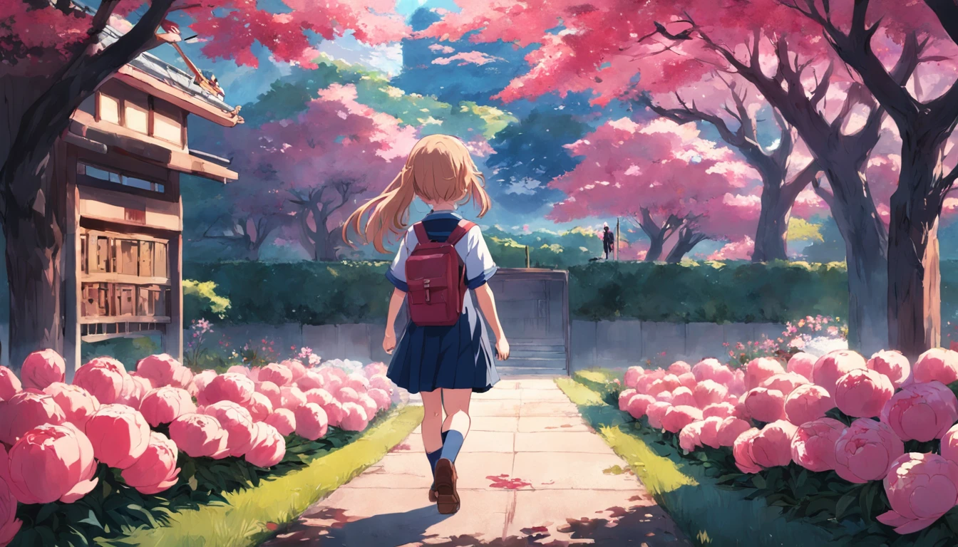 A school girl walking to peony garden