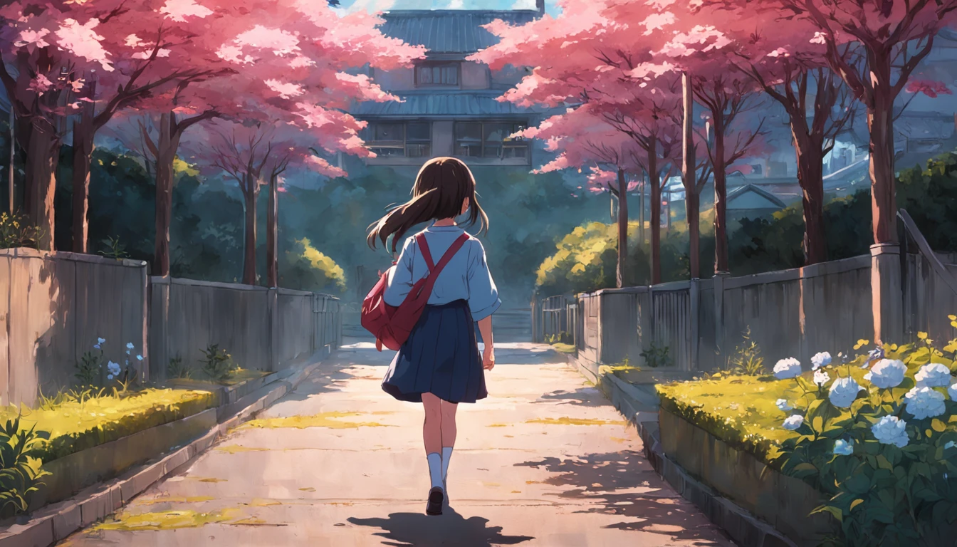 A school girl walking to peony garden
