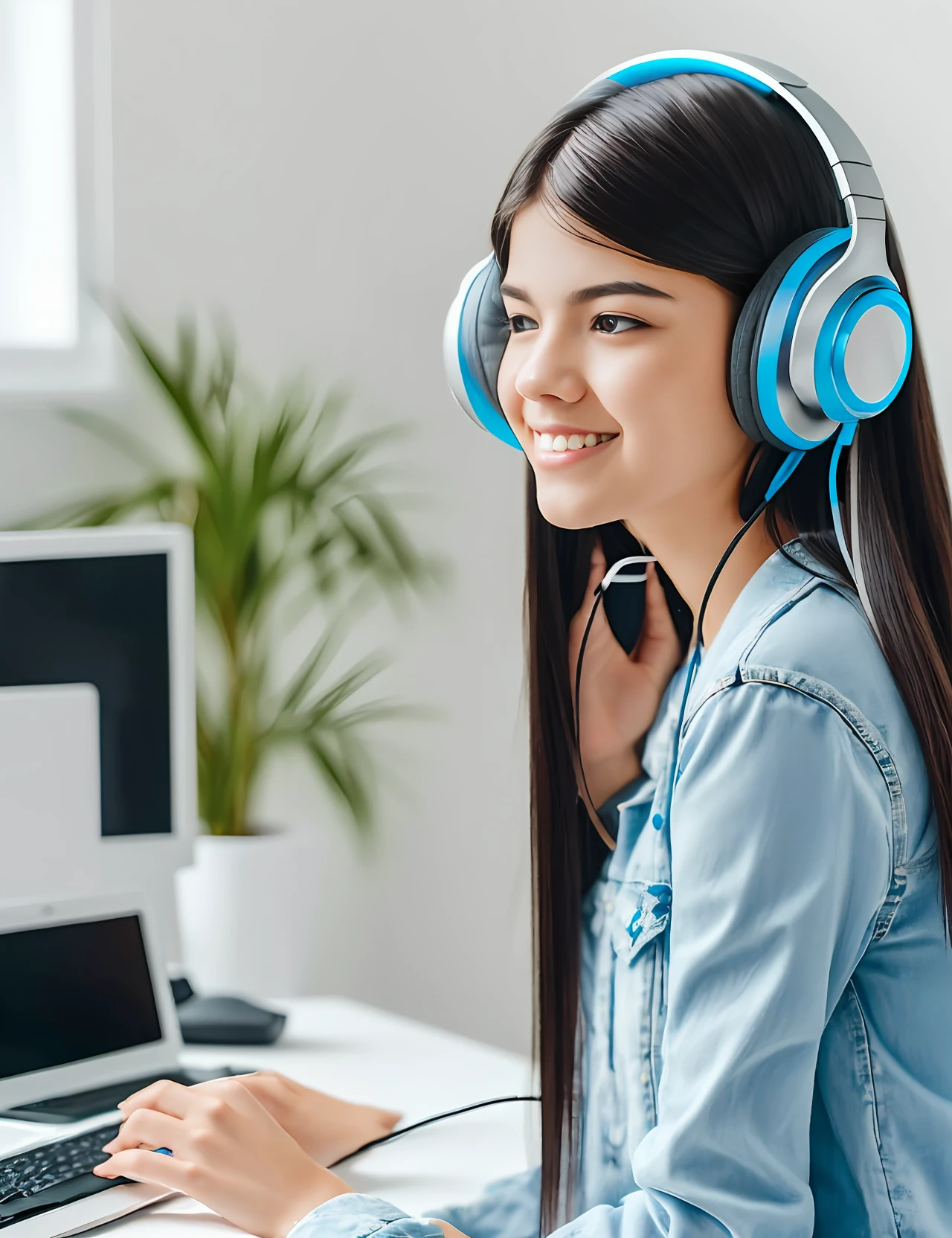 a woman with long black silky hair and headphones at her neck