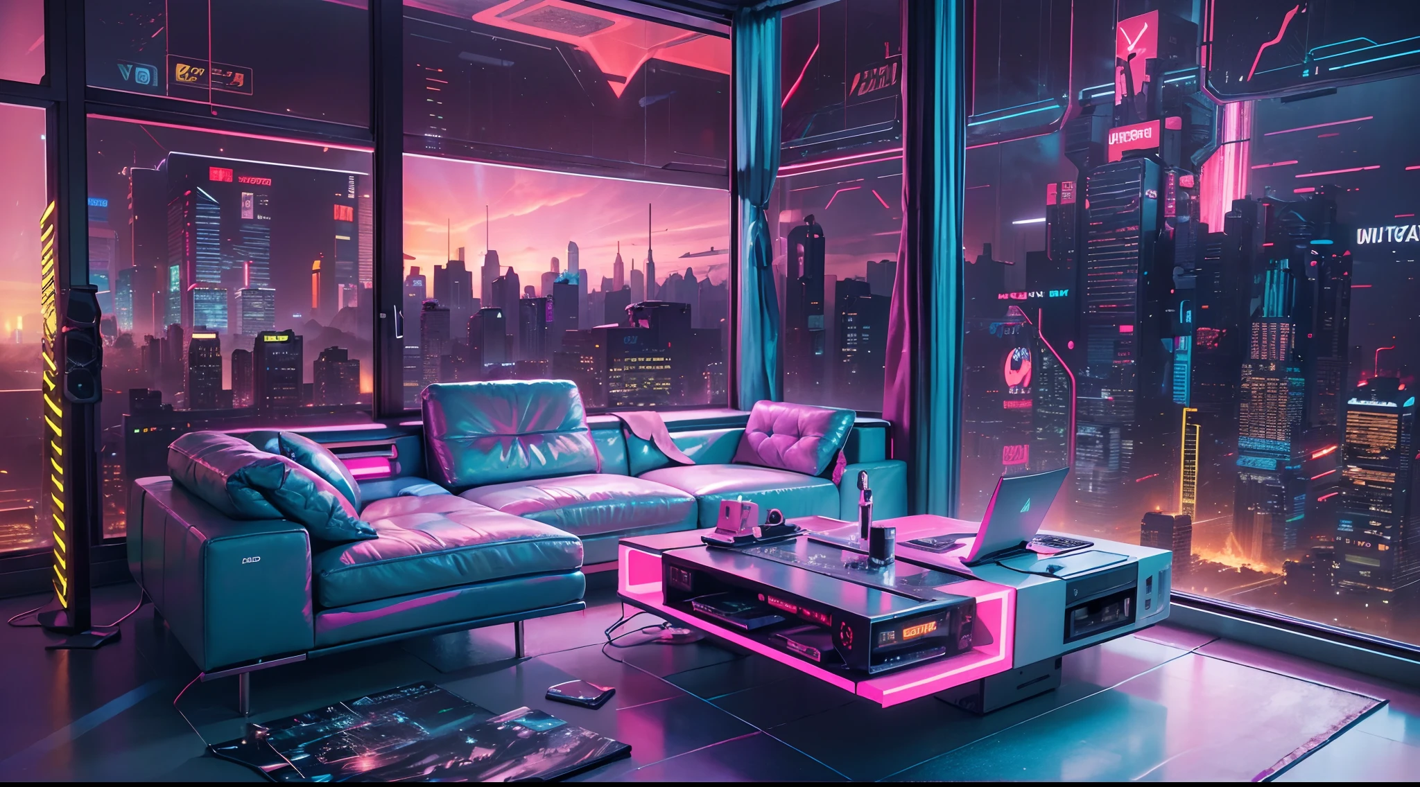 Best image quality, Masterpiece, Ultra-high resolution, (Fidelity:1.4), Photo, Dim, Darkness, Movie, ((Cyberpunk)), cyber outfit, Futuristic, ((Award-winning ultra-realistic photos)),((tmasterpiece)),(Hyper-detailing),(Complicated details),(High resolution CGI artwork 8k),Futuristic cyberpunk living room/Bedrooms/kitchens/terrazzo,big window,Busy and colorful、Detailed cyberpunk cityscape。Futuristic style,There are many colors and LED lights。The cityscape should be very detailed,depth of fields。Create depth with atmospheric lighting,Evoke the feeling of a busy futuristic city outside the window。cameras:Wide-angle lens showing rooms and windows。Use atmospheric and volumetric lighting to enhance cityscape detail。The room should be illuminated by the neon lights of the cityscape, Pastel textured colored background, Colourful, vibrant,