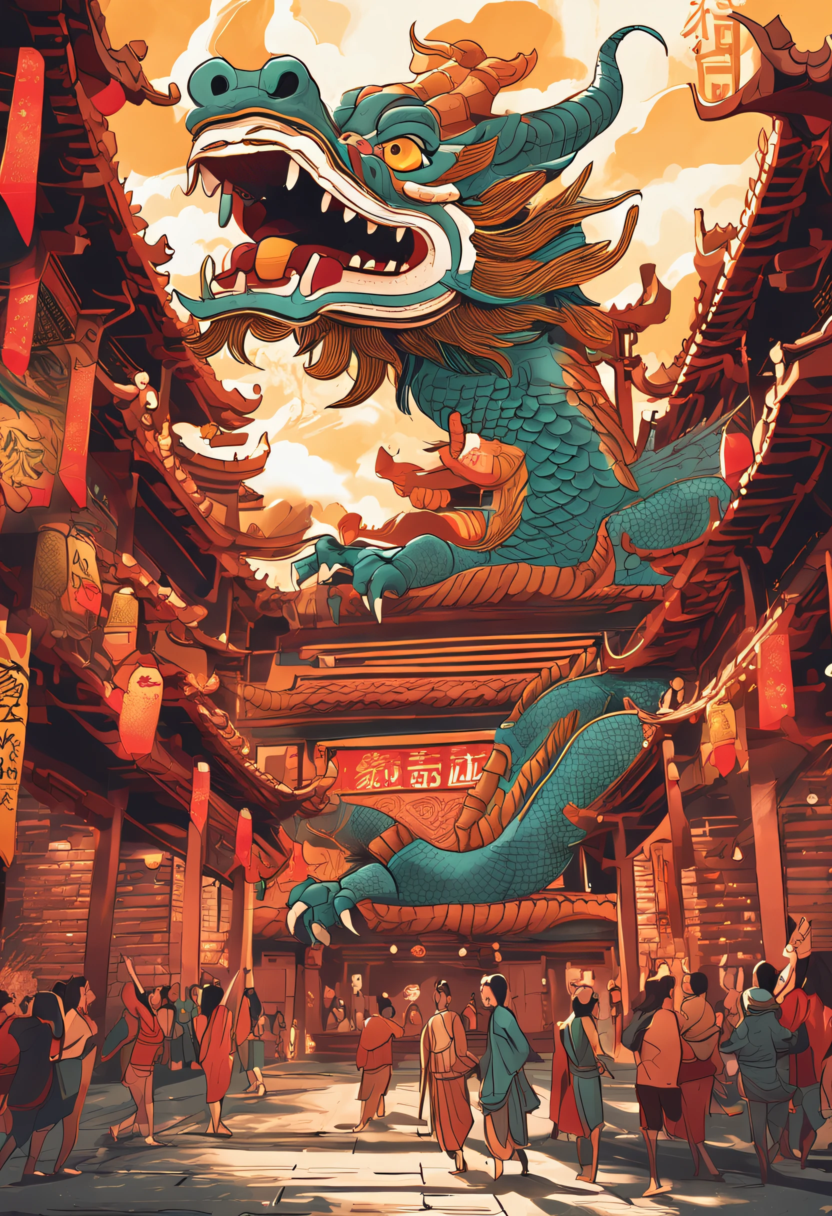 Chinese dragons soar in the sky，Goddesses dance in the bustling city under the dome，The crowd happily watched the ancient buildings up and down，The golden sun shines on everyone，Ancient Tang style，Prosperity，Cinematic texture，high-definition picture quality，A magnificent sense of déjà vu，Reasonable vista composition