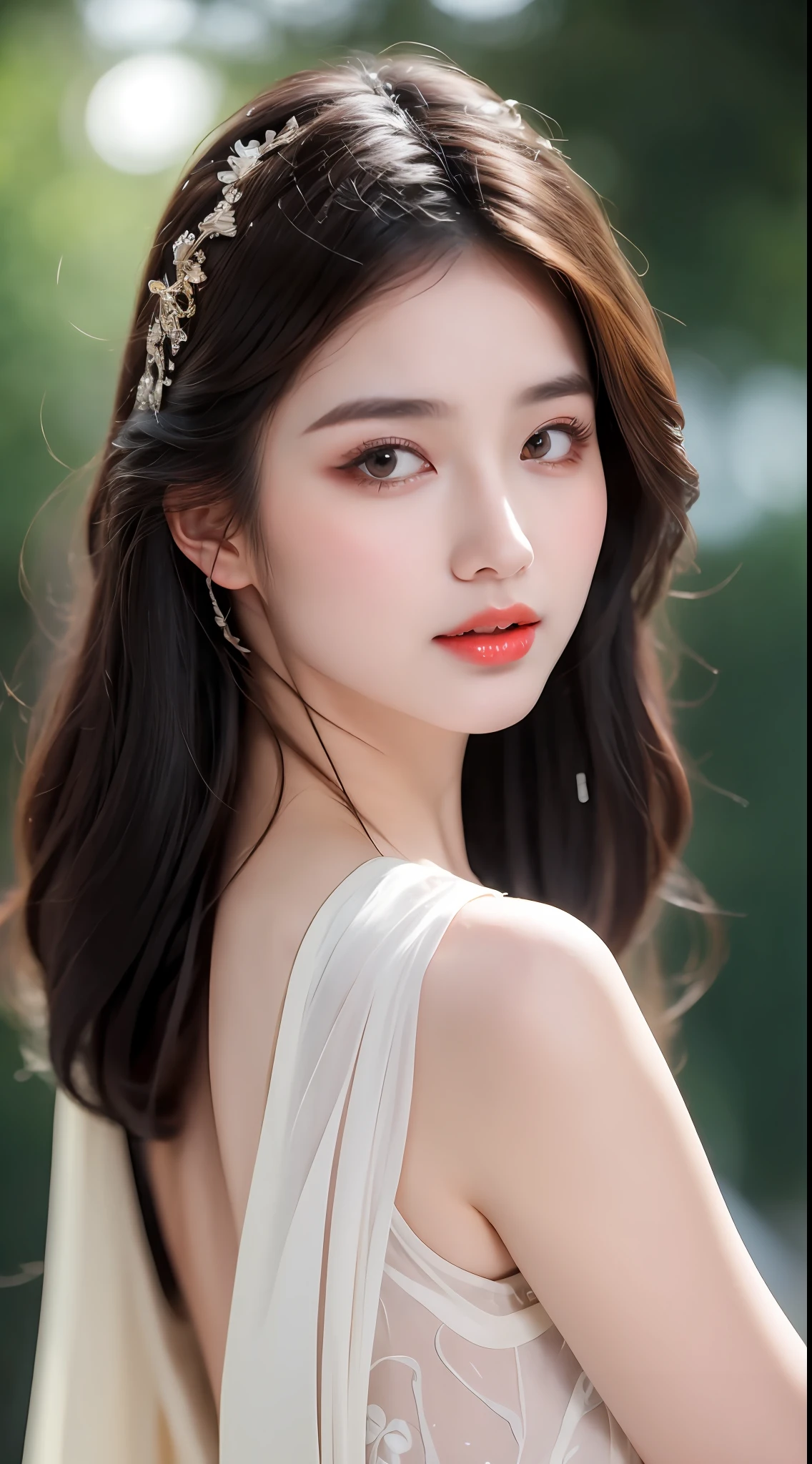 ((Best Quality, 8k, Masterpiece: 1.3)), Focus: 1.2, Perfect Body Beauty: 1.4, Buttocks: 1.2, ((Layered Haircut)), (Wet Clothes: 1.1), (Rain, Street:1.3), (Breasts: 1.2), (Hanfu: 1.2), Bare Shoulders, Bare Legs, Highly Detailed Face and Skin Texture, Fine Eyes, Double Eyelids, Whitened Skin, Long Hair, (Shut Up: 1.5), (Bokeh Background: 1.5), Big Breasts