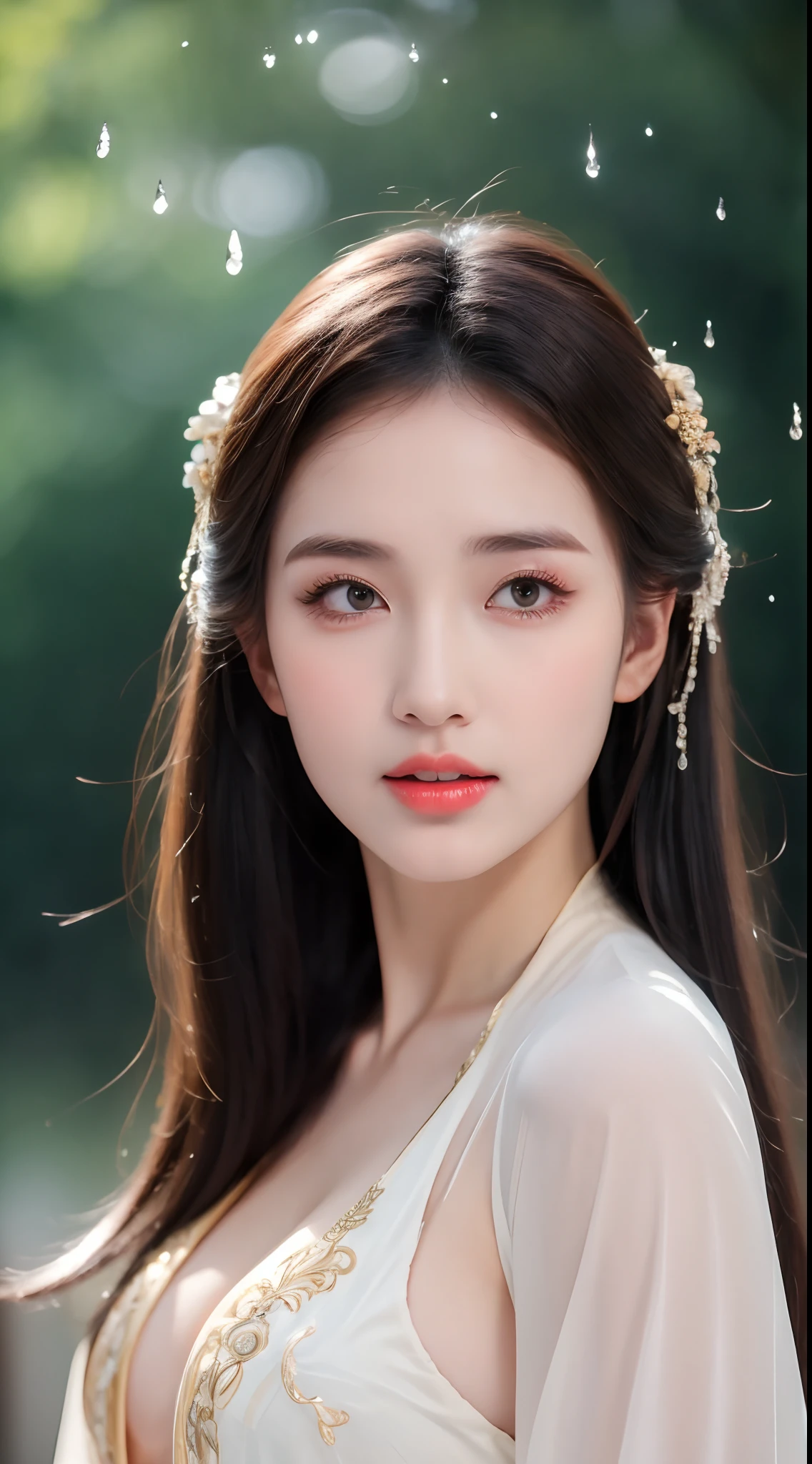 ((Best Quality, 8k, Masterpiece: 1.3)), Focus: 1.2, Perfect Body Beauty: 1.4, Buttocks: 1.2, ((Layered Haircut)), (Wet Clothes: 1.1), (Rain, Street:1.3), (Breasts: 1.2), (Hanfu: 1.2), Bare Shoulders, Bare Legs, Highly Detailed Face and Skin Texture, Fine Eyes, Double Eyelids, Whitened Skin, Long Hair, (Shut Up: 1.5), (Bokeh Background: 1.5), Big Breasts