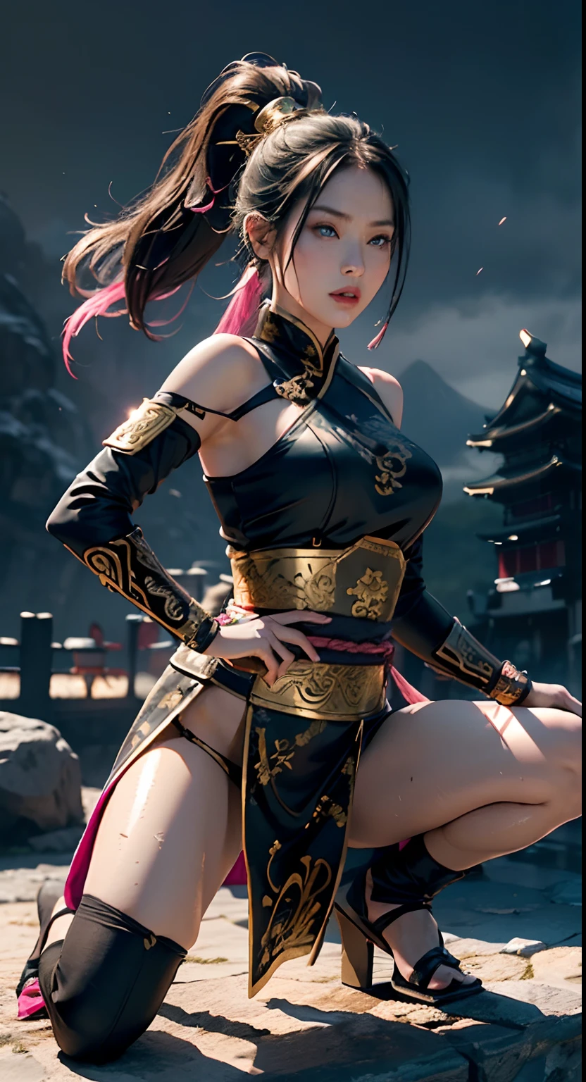 (Positive Focus), (In the Dark: 1), (Best Quality), (Realisticity: 1), Movie Poster, Realistic Skin Texture, Highly Detailed, 8k Wallpaper, Volume Lighting, Dynamic Lighting, A Girl, Black Ponytail Long Hair, Black Metal Armor, Red Belt, Black Armor, Shoulder Armor, Waist Guard, Hand Guard, Veil, Long Sword in front of Body, Ancient Chinese Style, Short Sword at Waist Style, Half-squat Attack Stance, Blood Stains, Broken Clothes, Ancient Chinese Battlefield, Ancient Soldiers Chasing and Killing, Arrows Flying, Fighting Fire, night, dramatic composition, sword qi surrounding, picture detail, war, ((professional 3d render)), ((Realistic)), (((Japanese ethnic dress))) female warrior, three-dimensional art objects, cute seduction, (((big blue eyes, thin pink lips, thin nose, long black wet hair))), open mouth while smile, emphasizing slender abs, Detailed eyes, passionate body, high-ponytail hair style, / shoulders exposed, / decorated arm sleeve, wear arm cyberpunk sleeve, wear tight Fishnet Stockings, strappy sandals/ extremely detailed,((fractal art)), colorful, highest detailed,((zentangle)), (dynamic pose), ((many colors)), location garden with riverside and rock or temple or bridge, night lantern, colorful abstract on outfit, Figure, blind box, ( Disney style), high qulity, high detail, (super-fine), 16K resolution, (Macro lens), ((Master's work)),((full body view)),(Basic diagram model),(Traching),gold, ((Dominated color gold, black))