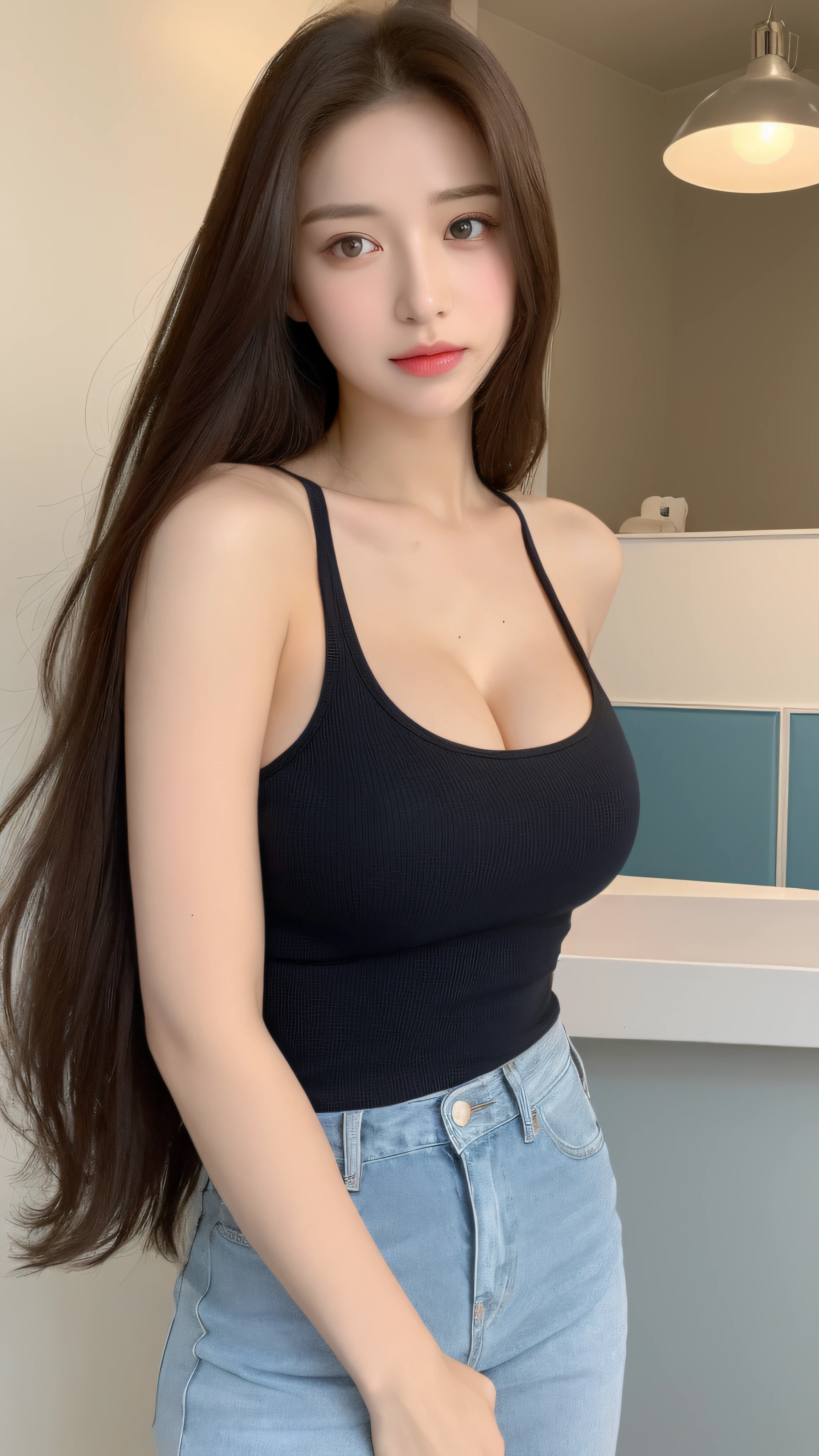 (realistic, high resolution:1.3), 1 girl with perfect figure, super fine face and eyes, long hair, tank top: 1.2 in random colors, short jeans, in a ice cream shop, ice cream in hand, big breasts, exposed cleavage