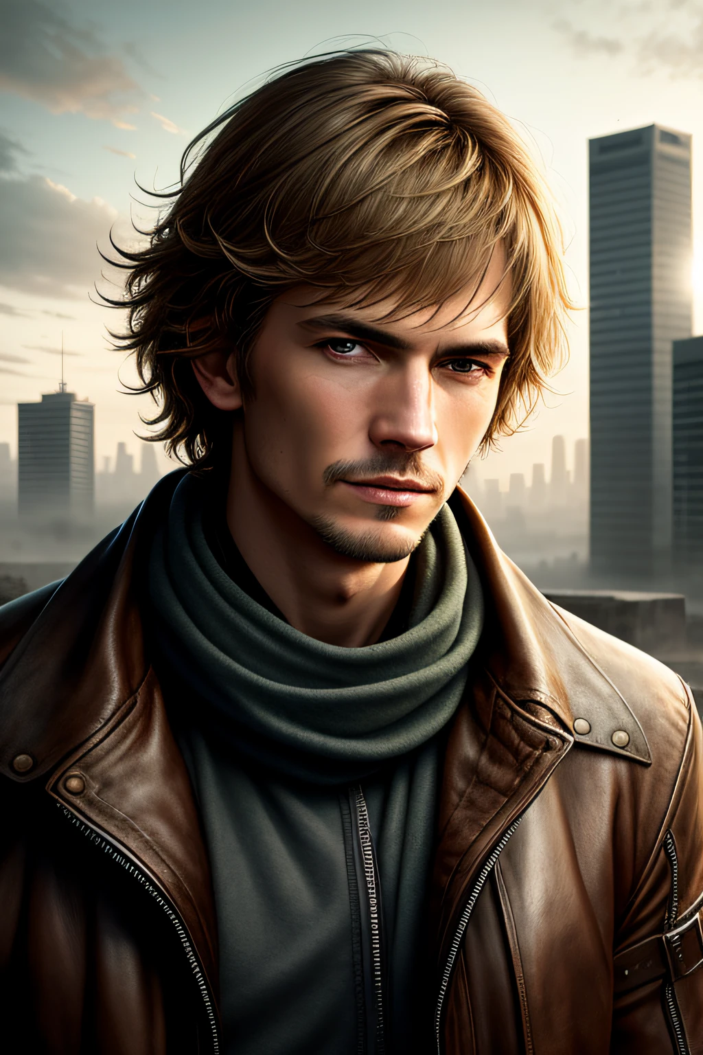 RAW photo, a close up portrait photo of brutal 63 y.o man in wastelander clothes, long haircut, pale skin, slim body, background is city ruins, (high detailed skin:1.2), 8k uhd, dslr, soft lighting, high quality, film grain, Fujifilm XT3