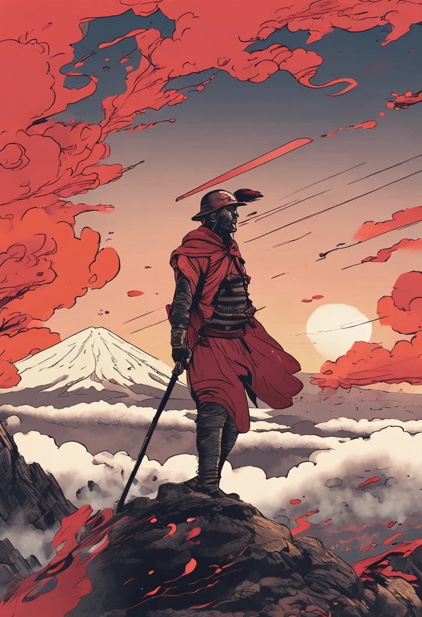 A young warrior girl stands on the top of Mt. Fuji with a long knife in hand(Magma overflowed)