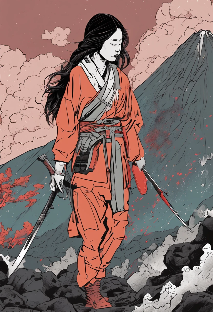 A young warrior girl stands on the top of Mt. Fuji with a long knife in hand(Magma overflowed)