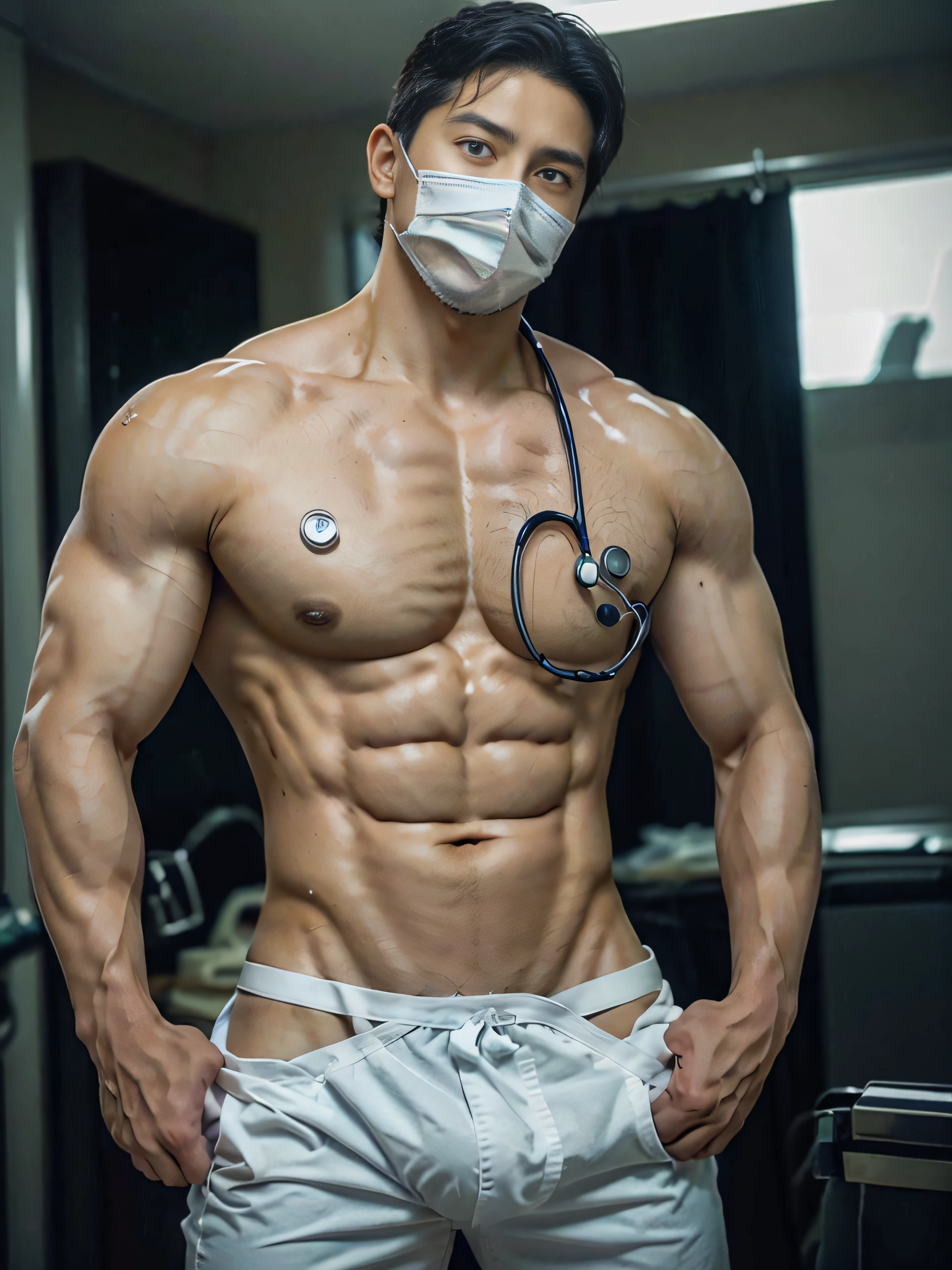 Realistic, Masterpiece, Best quality, Detailed, Natural lighting, soft shade, Detailed background, Photography, Depth of field, Intricate details, Detailed face, Subsurface scattering, Realistic eyes, Muscular, Handsome photo (Korean man), Sexy doctor, ((bushi)), (30 years old), Beard, mitts, surgical mask,The crotch is raised