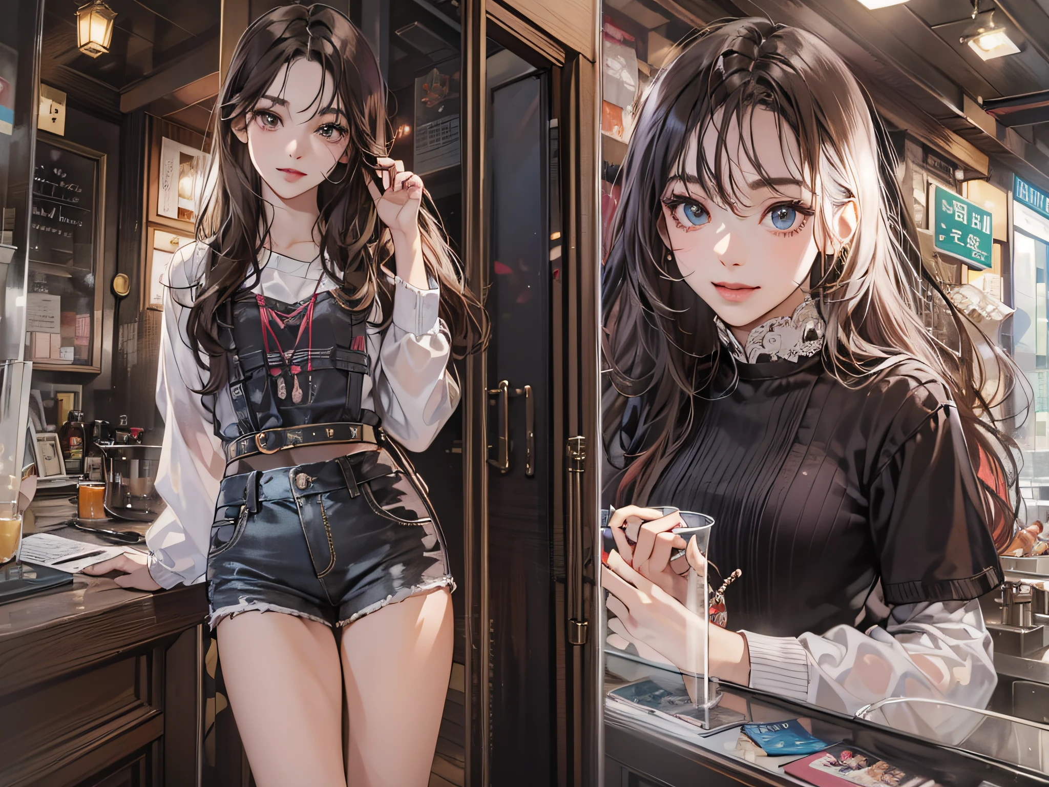 ((best qualtiy,8K,tmasterpiece:1.3)), 1girll, ssmile, full bodyesbian, Slim Faces, Beautiful woman, (dark brown hair), One word super shorts :1.1, Super detailed face, Detailed eyes, 二重まぶた, blur backgroun, Slim Faces, 城市, do lado de fora, the street,thin very long legs ,Hyper-realistic