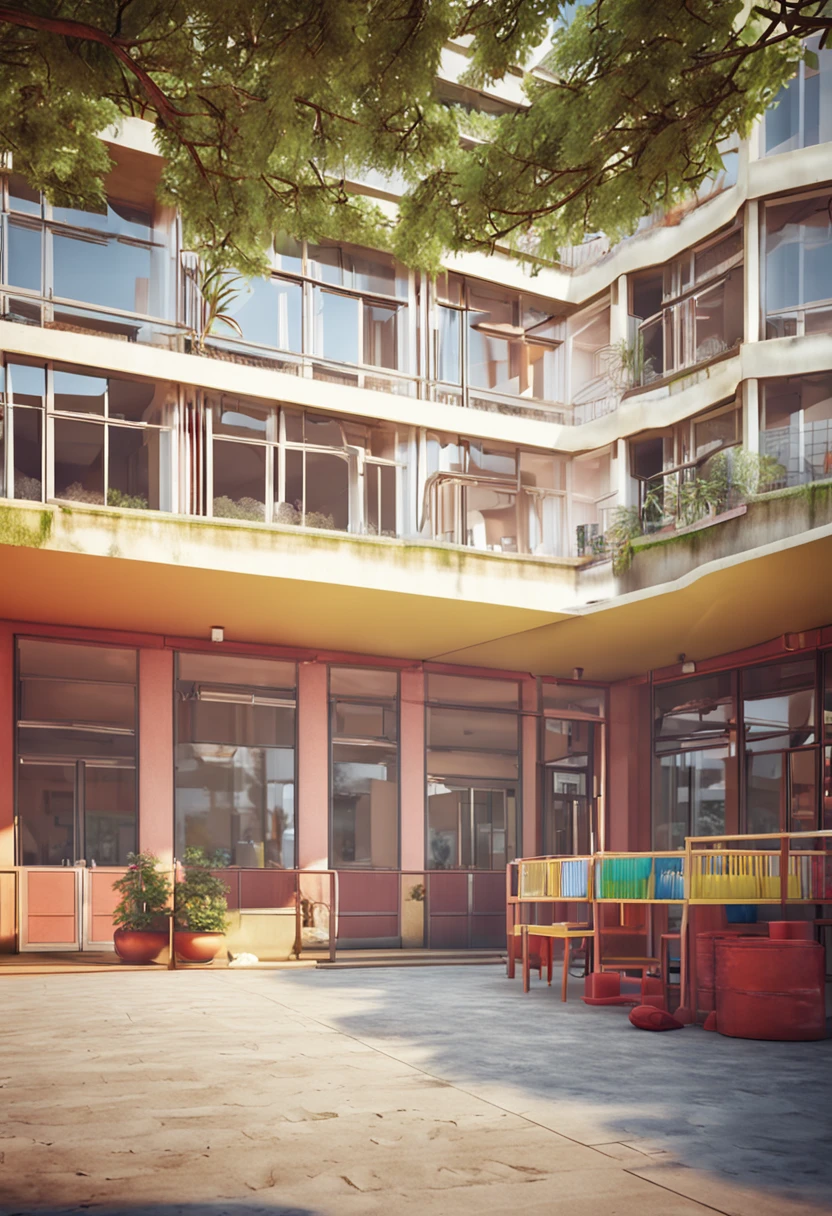 primary school,Two three-storey school buildings,The location of the teaching buildings is relative,The five-star red flag in the middle of the two floors,Two thick willow trees on the left and right sides of the flagpole,Willow trees are surrounded by wooden trees,The tree enclosure is available for students to sit and rest