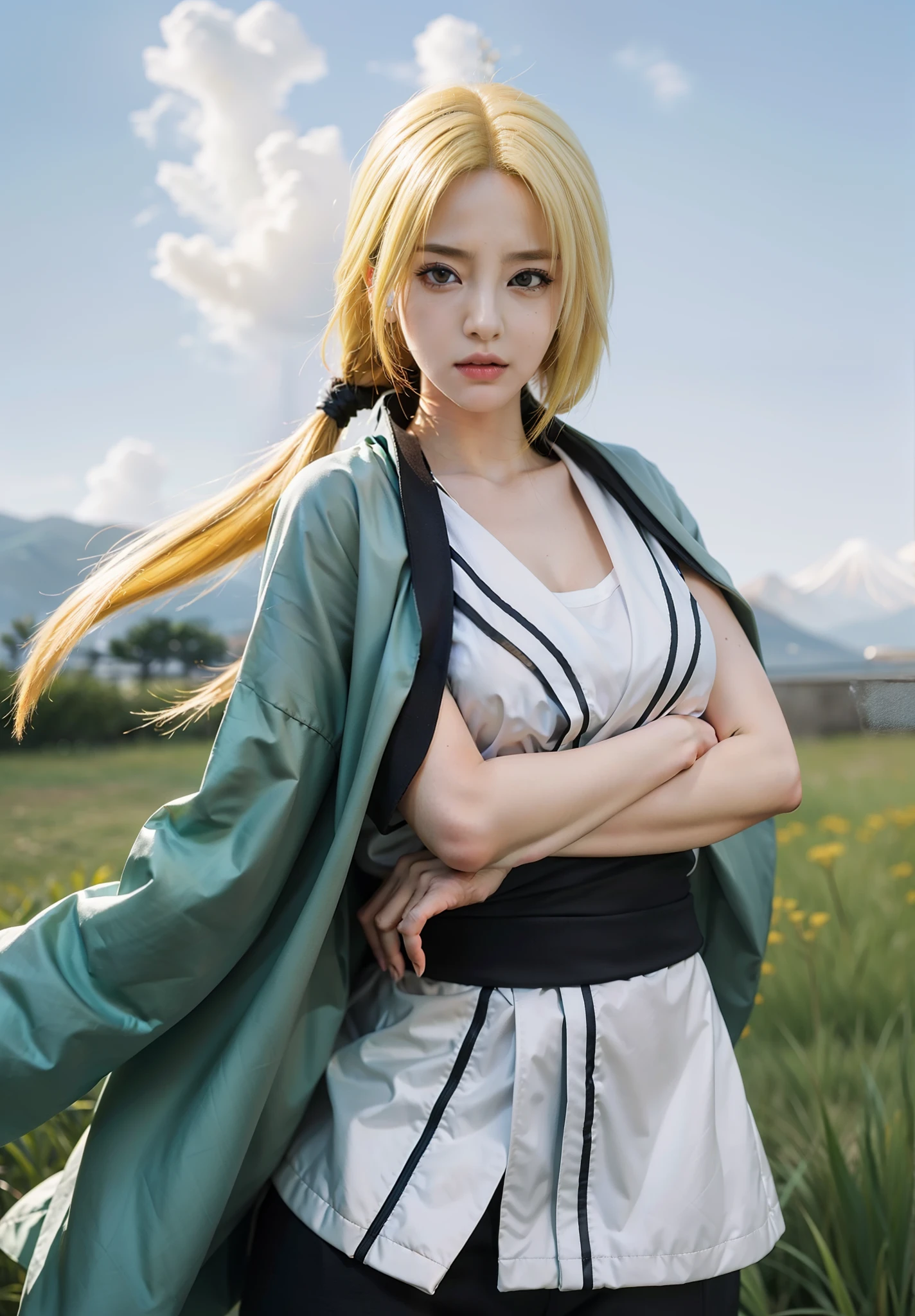 real Life adaption of this character,her name is Tsunade senju from anime naruto ,hyper realistic ,very realistic detailed yellow hair, high resolution, photorealistic,very detailed,very realistic outfit, Japanese face,detailed shining eyes, calm expression,realism, realistic photography, very realistic,realystic light,realistic shadow