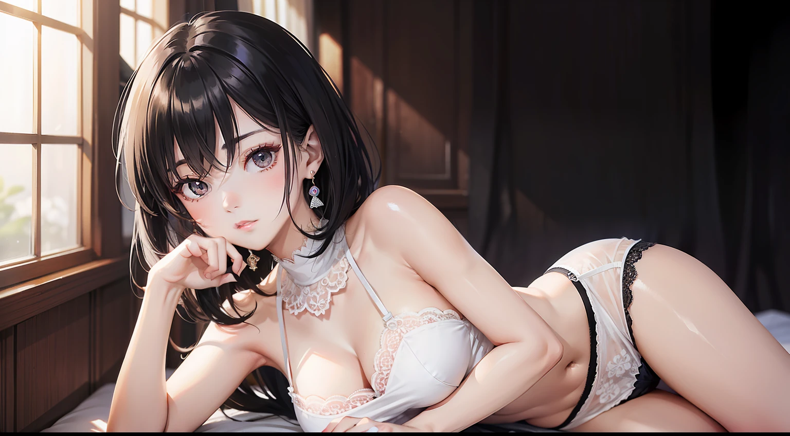 one-girl,style of anime,Lace top,lace panty,exquisite face,Short flowing black hair,Delicate earrings,Fair and delicate skin,tmasterpiece