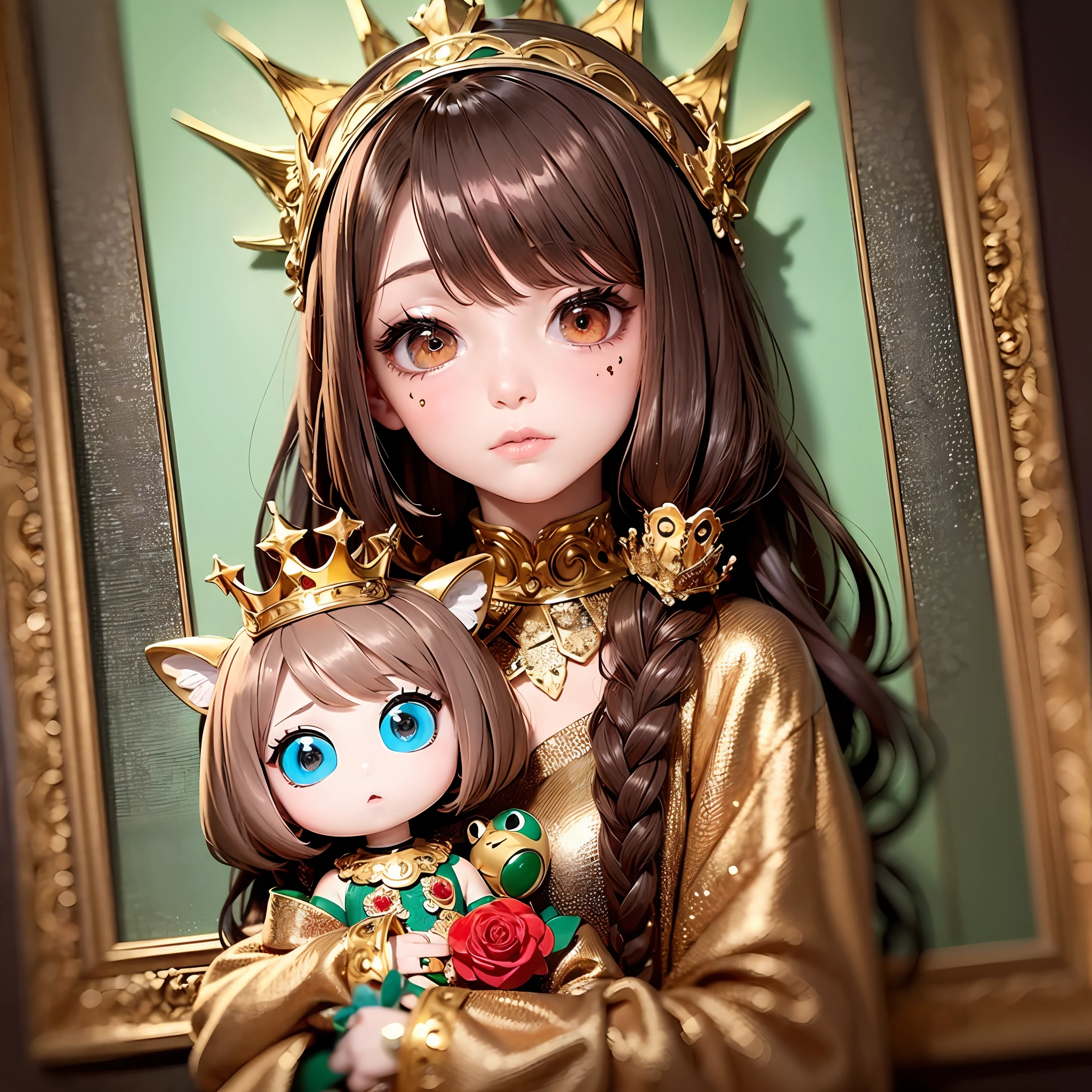 best quality, masterpiece, brown hair, red eyes, green and gold clothes, looking at camera, upper body, hair strand, Fair skin, side braids, big sad eyes, sad eyes, big eyes, rosey cheeks, small lips, holding a doll, crown of doll heads on her head, portrait, neo traditional tattoo